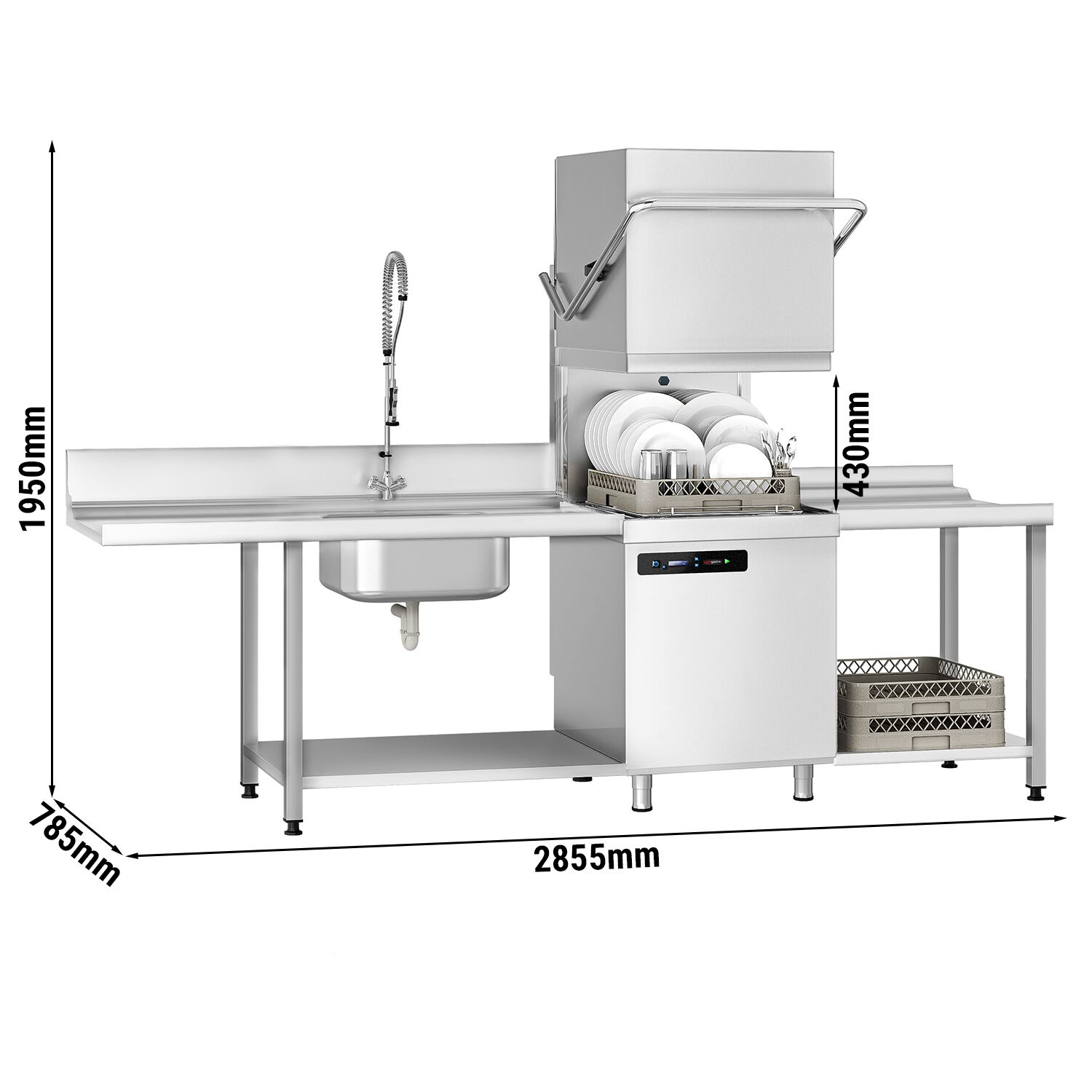 Lave-vaisselle à capot – Numérique – 7,1 kW – avec table d’entrée à gauche, table de sortie à droite et adoucisseur inclus – avec pompe de détergent et de rinçage