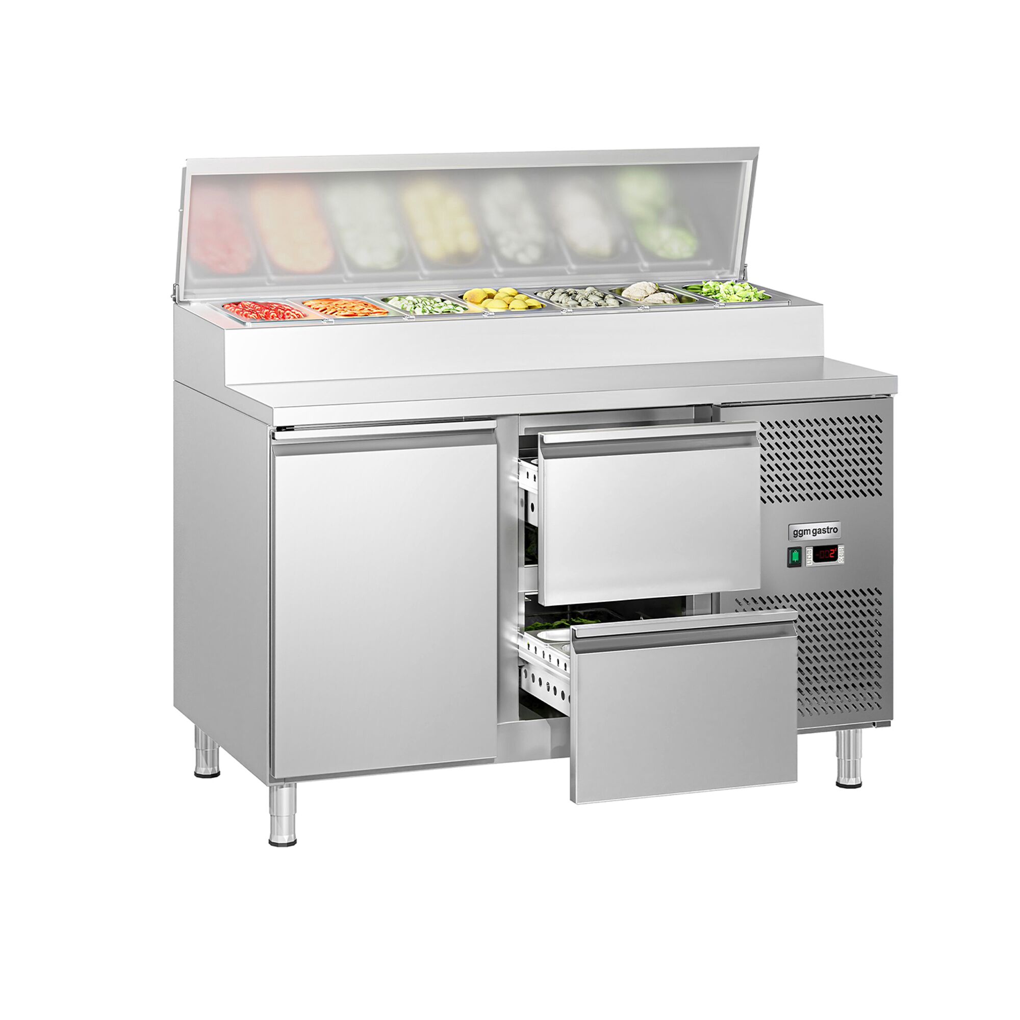 Table de préparation ECO – 1360 mm – 1 porte & 2 tiroirs – pour 7 bacs GN 1/3