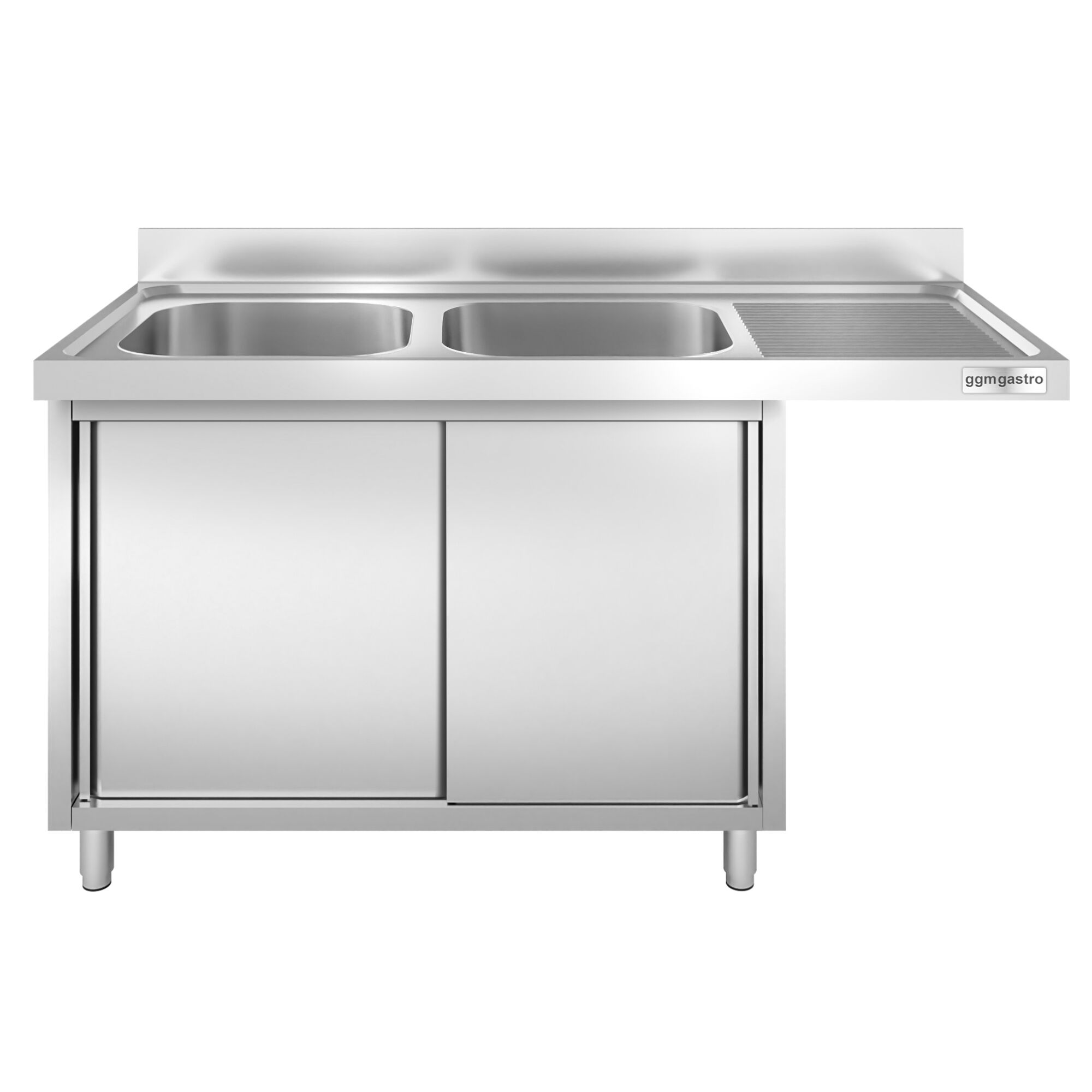 Plonge inox professionnelle PREMIUM - 1600x600mm - 2 bacs à gauche - avec égouttoir à droite - passage lave-vaisselle à droite