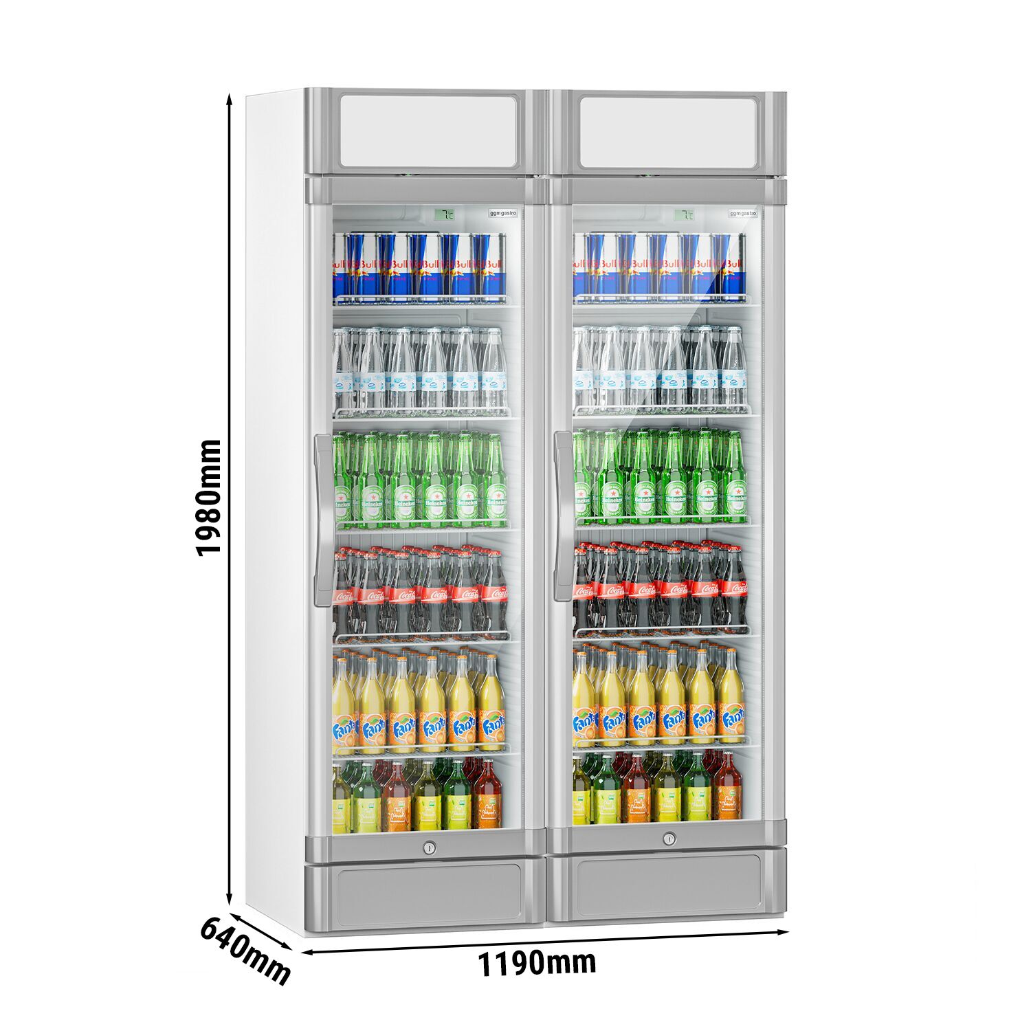 (2 pcs) Vitrine réfrigérée à boissons - 1190mm - 694 L - 2 portes vitrées - avec écran publicitaire LCD - éclairage LED - affichage digital de la température - +2 à +10 °C