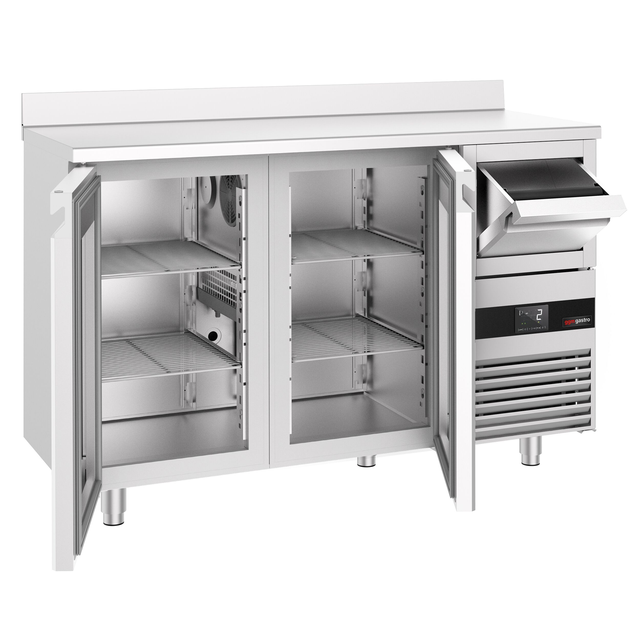 Arrière-bar réfrigéré professionnel PREMIUM - 1580 x 600 mm - avec 2 portes vitrées - avec dosseret - avec tiroir à marc de café