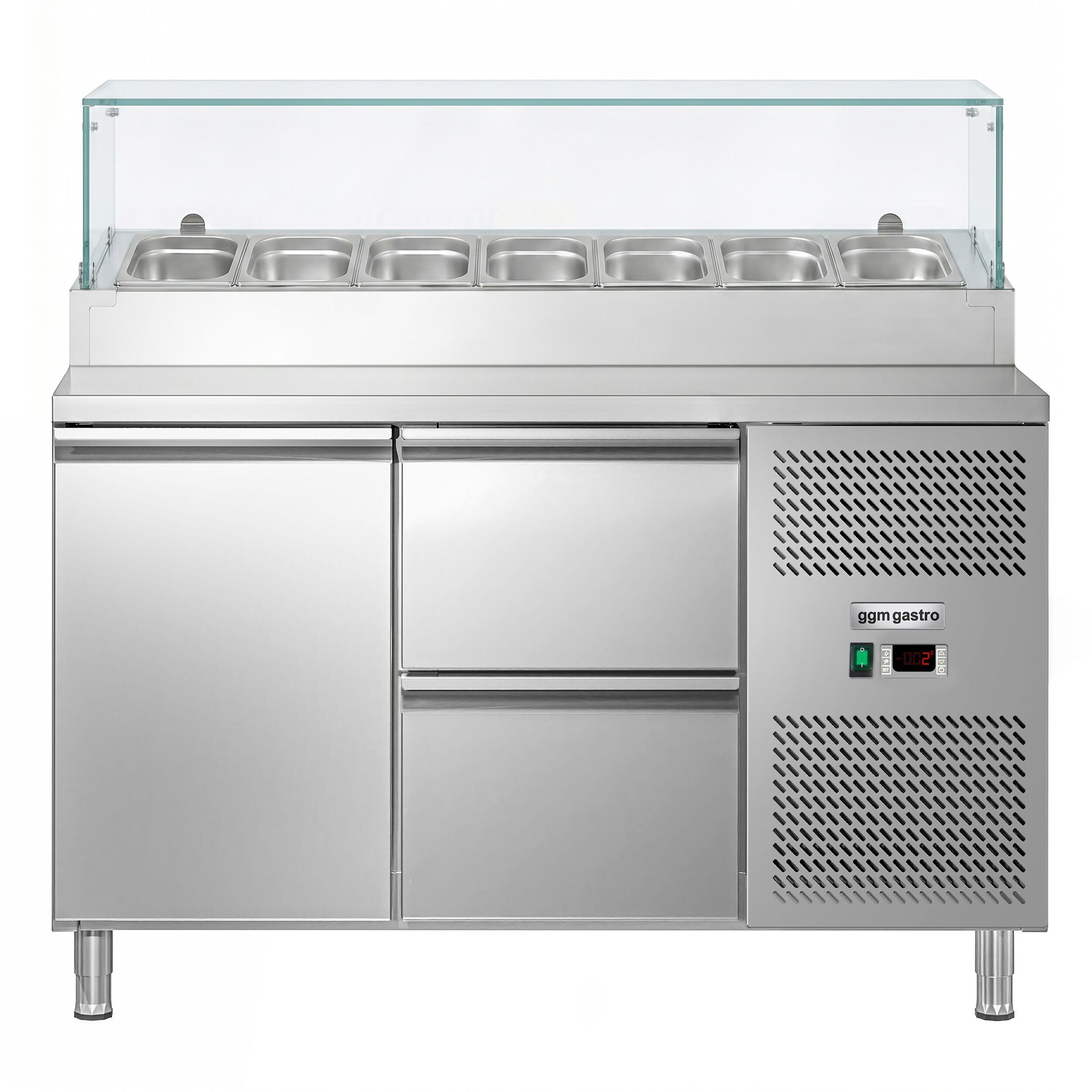 Zubereitungstisch ECO - 1360mm - 1 Tür & 2 Schubladen - mit Glasaufsatz - für 7x GN 1/3