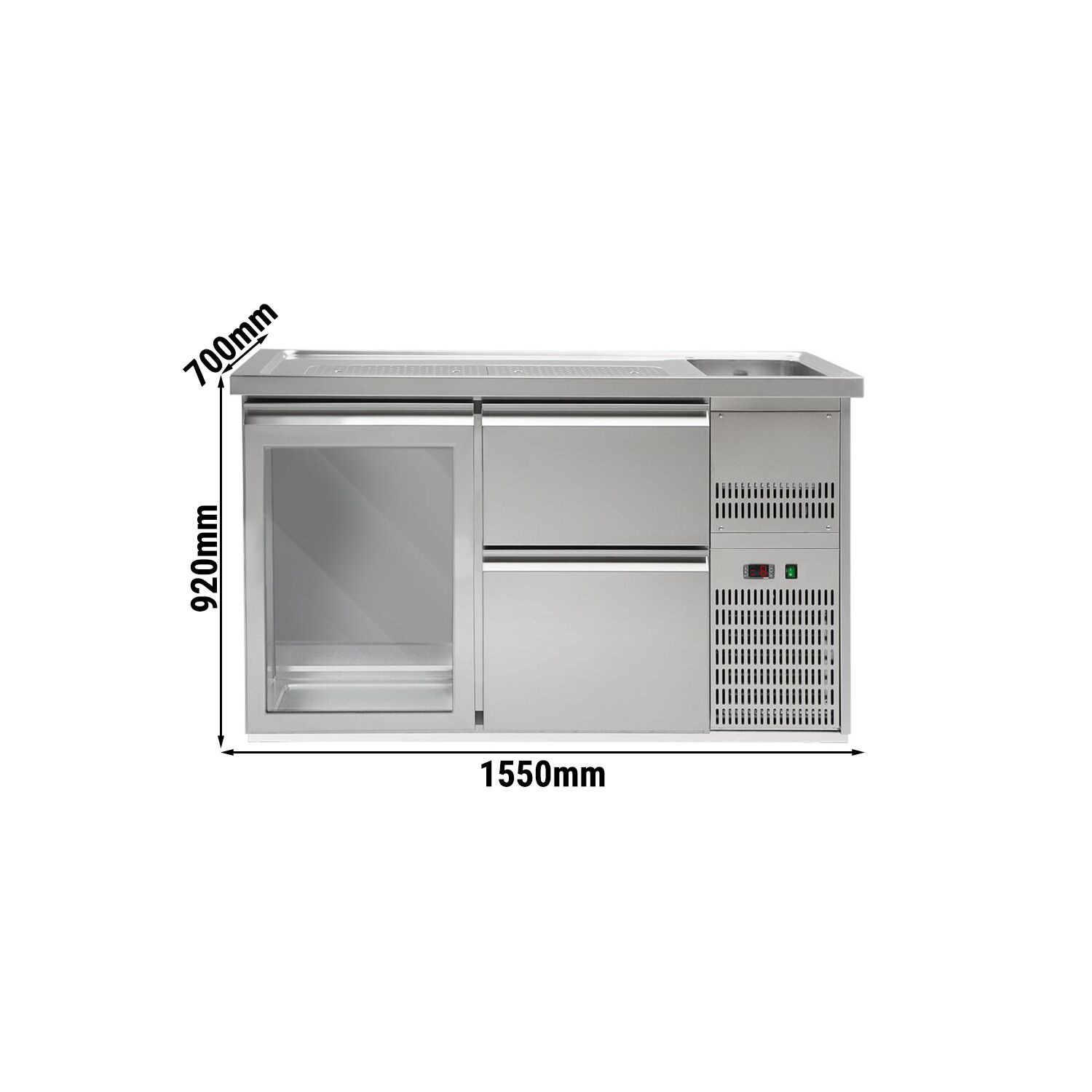 Comptoir de bar réfrigéré Premium PLUS – 1550 × 700 mm – 1 porte vitrée & 2 tiroirs