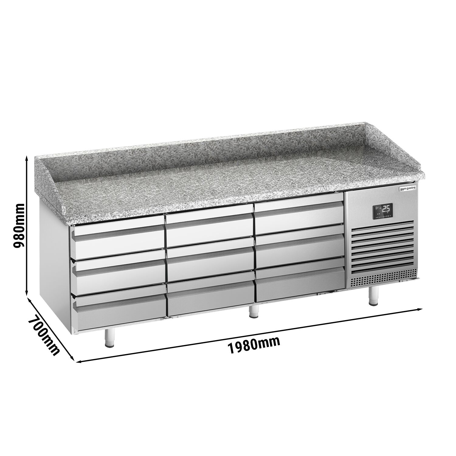 Commercial Pizza Prep Counter - Granite Top PREMIUM PLUS - 1980x700mm - with 0 doors & 9 dough drawers