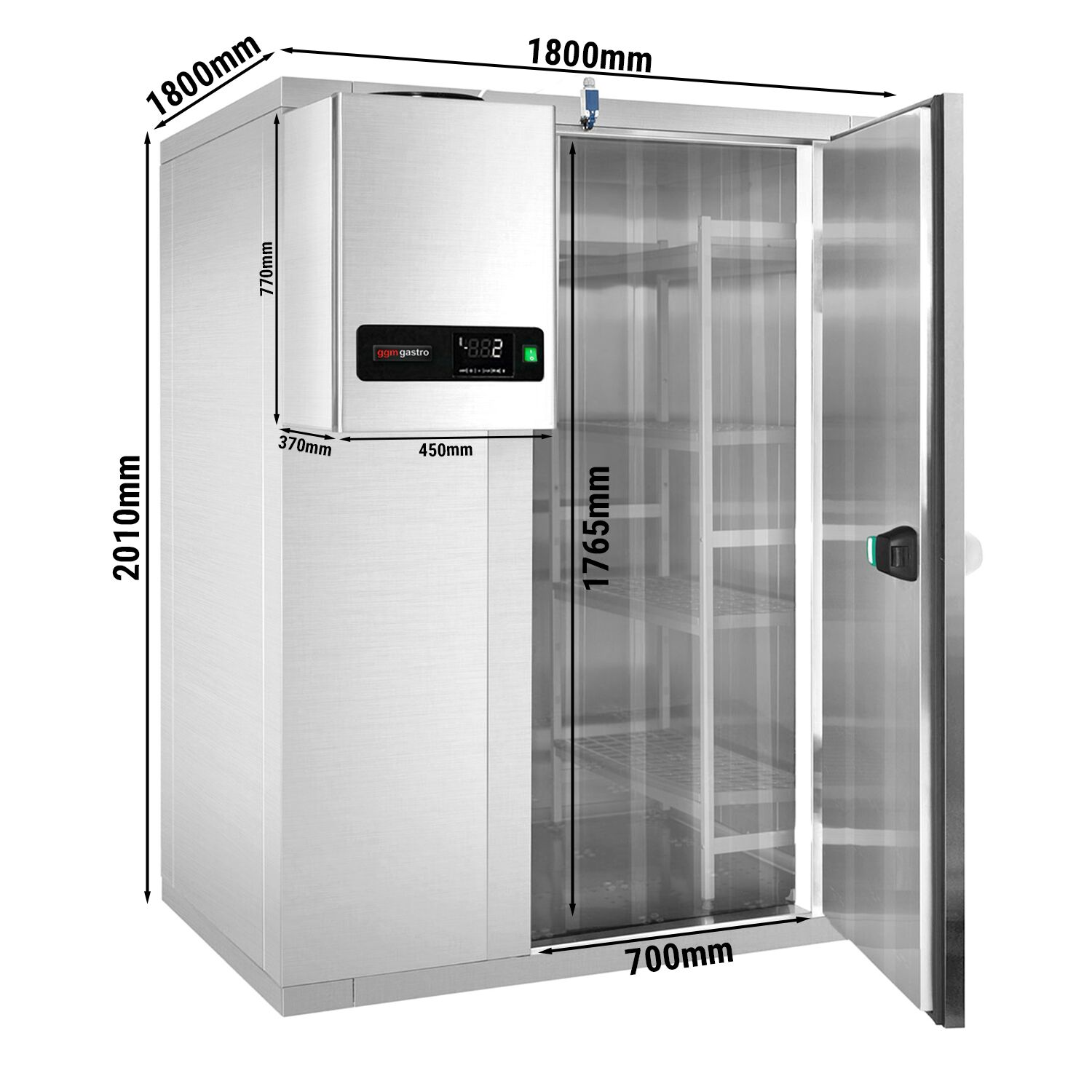 Chambre de congélation en inox – 1800 × 1800 mm – 4,30 m³ – avec groupe de congélation et rideaux à lamelles inclus