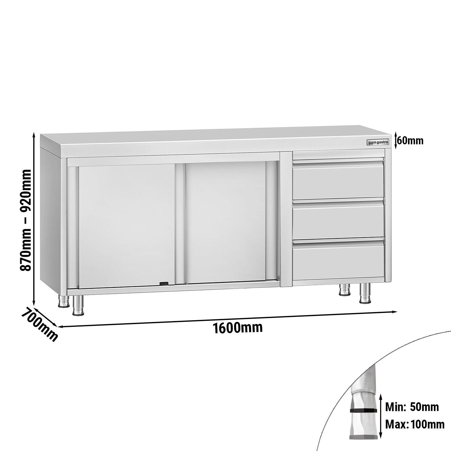 Table armoire en acier inoxydable ECO - 1600x700mm - avec portes coulissantes et 3 tiroirs à droite