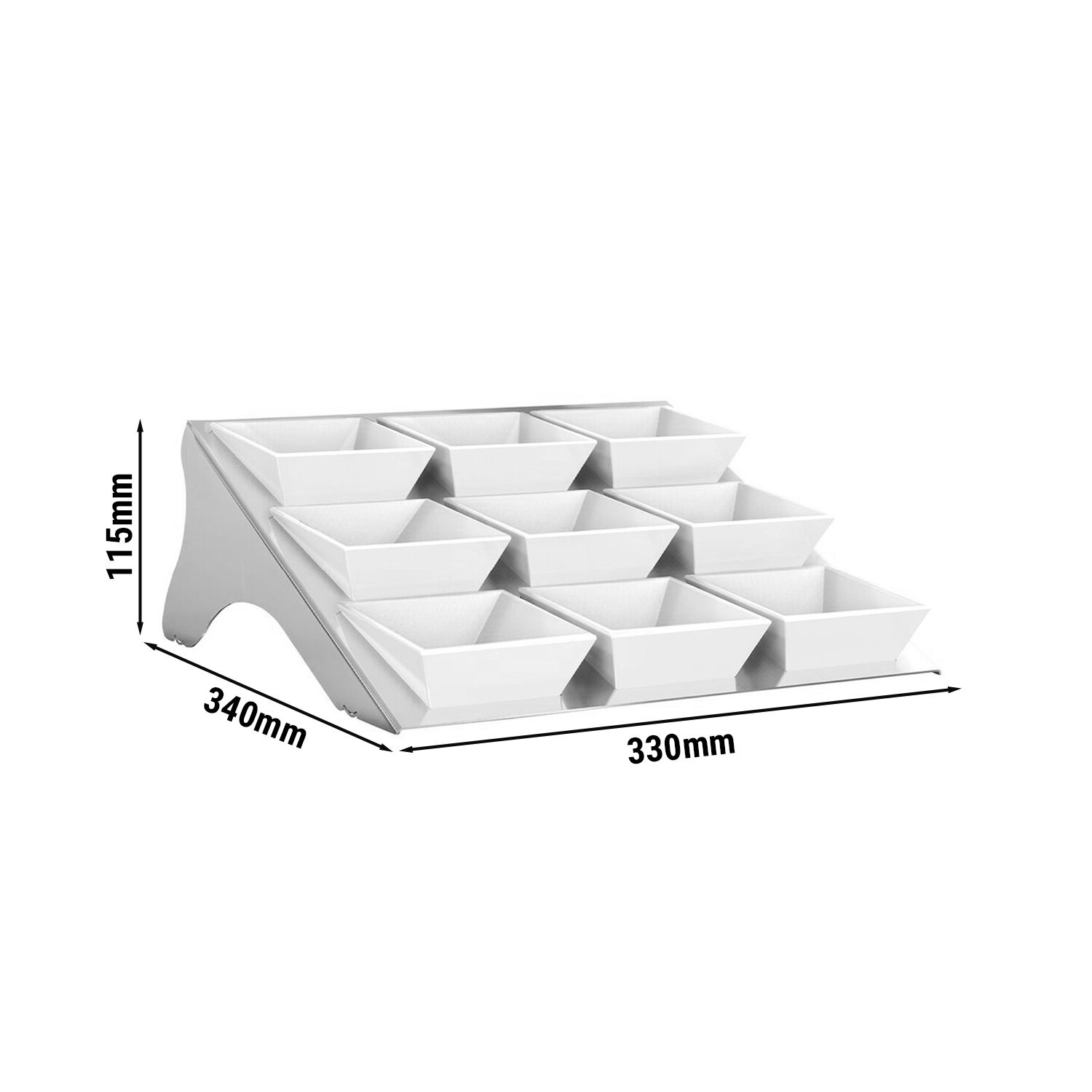 Présentoir buffet / étagère - chromé - incl. 9 bols en mélamine - rectangulaires
