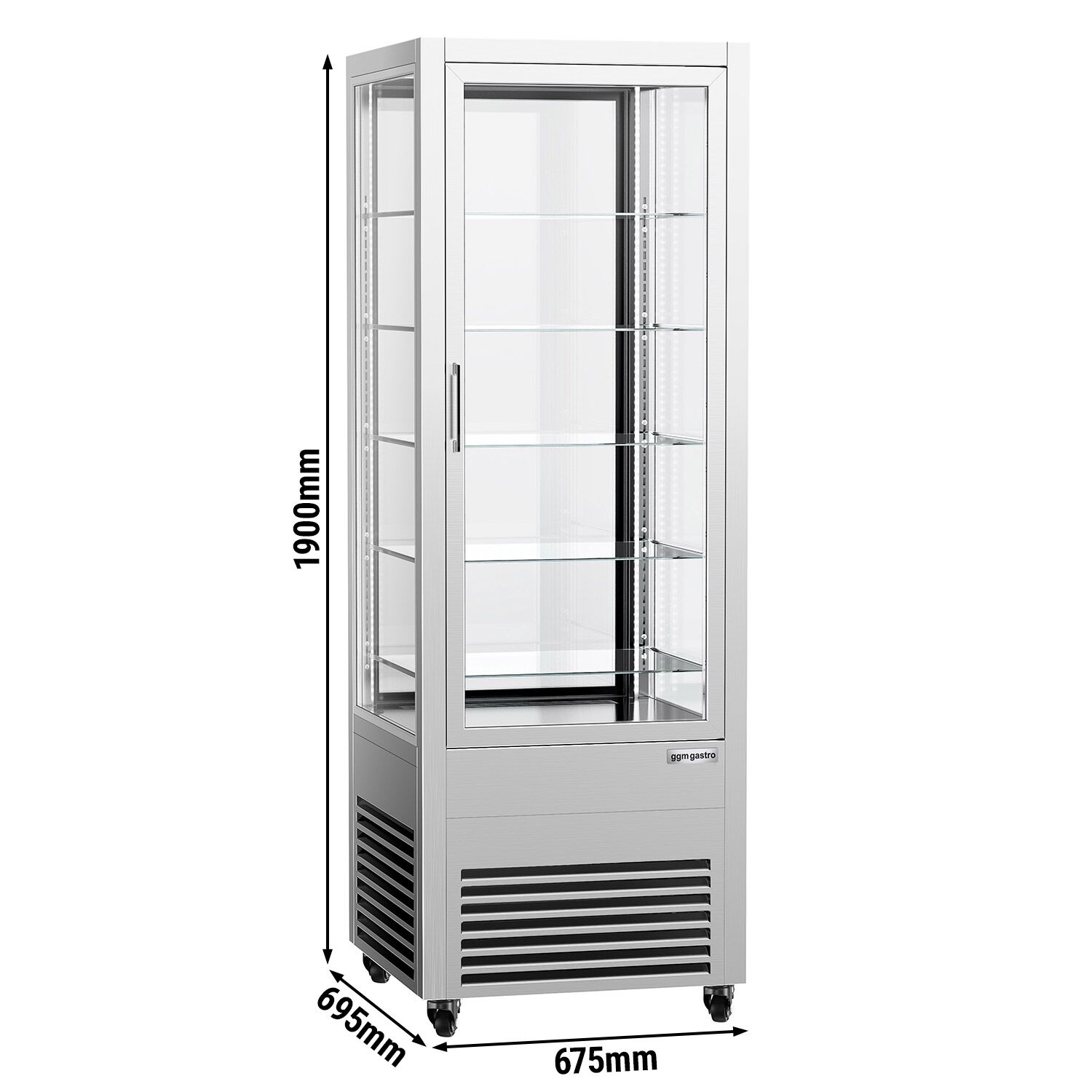 Vitrine réfrigérée 4 faces vitrées / Vitrine panoramique – 440 litres – 2 portes en verre – 5 étagères – Argent