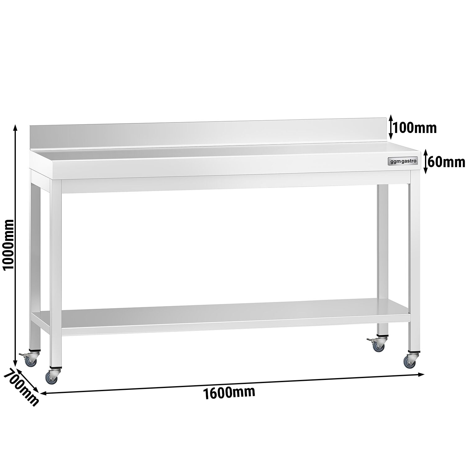 Table de travail en inox PREMIUM - 1600 x 700 mm - avec tablette inférieure, dosseret et roulettes