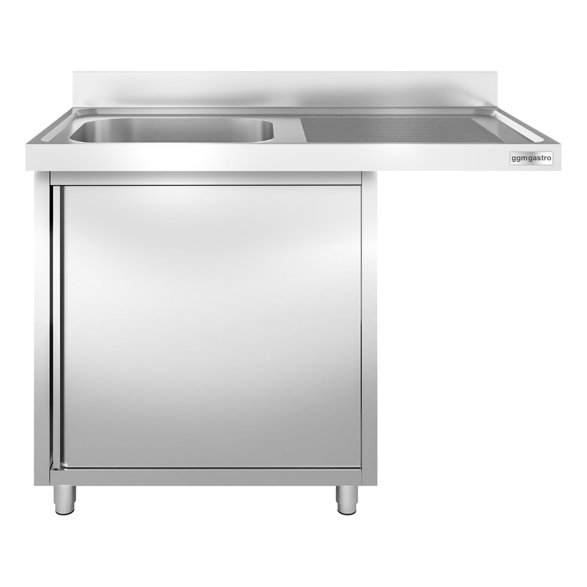 Meuble plonge inox professionnel PREMIUM - 1200x600mm - 1 bac à gauche - avec égouttoir à droite - passage lave-vaisselle à droite - avec portes battantes