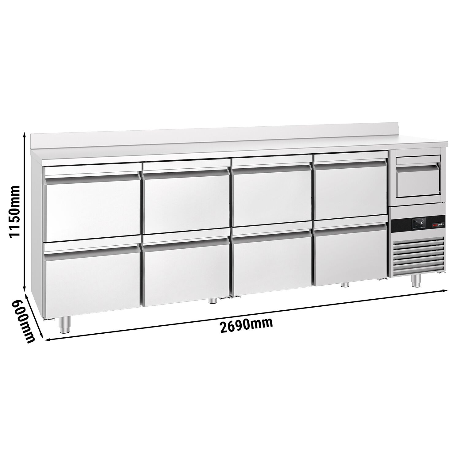 Arrière-bar réfrigéré professionnel PREMIUM - 2690x600 mm - avec 8 tiroirs 1/2, dosseret & bac à marc pour café