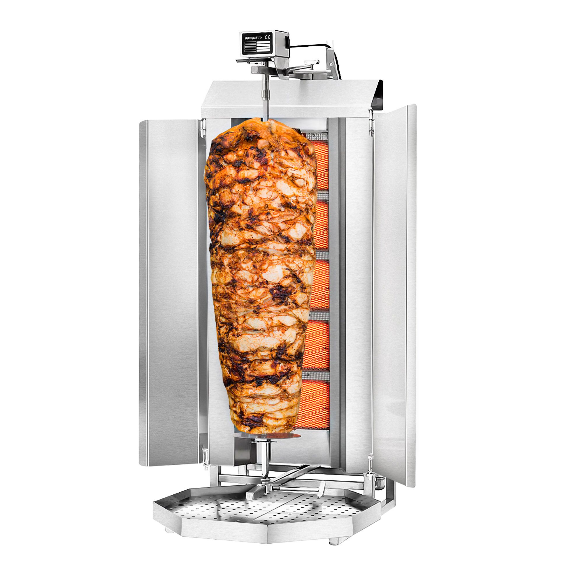 Gas Doner Kebab Grill (Shawarma/Gyros) - 5 Burner - up to 80kg - 16.25kW - Countertop - incl. 2 splash guards & 2 double doors