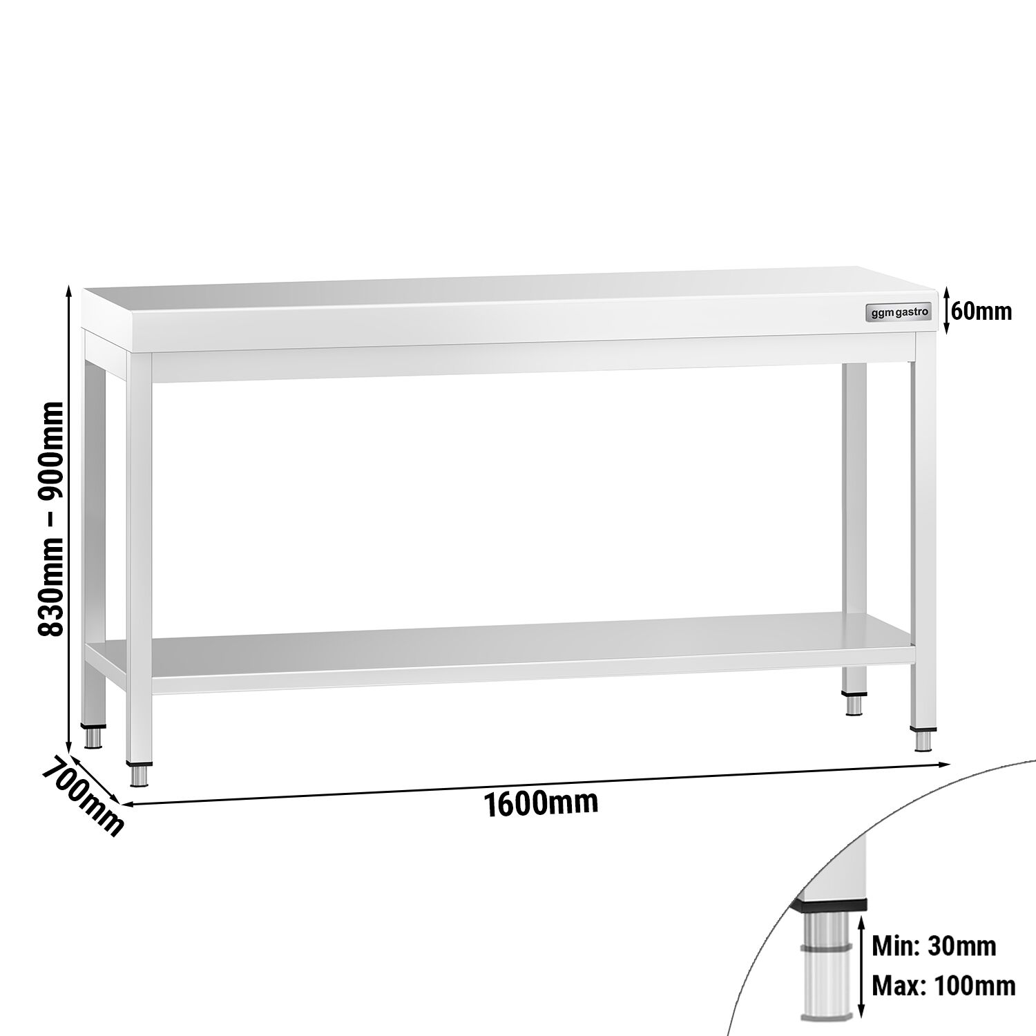 Table de travail inox PREMIUM - 1600 x 700 mm - avec tablette inférieure