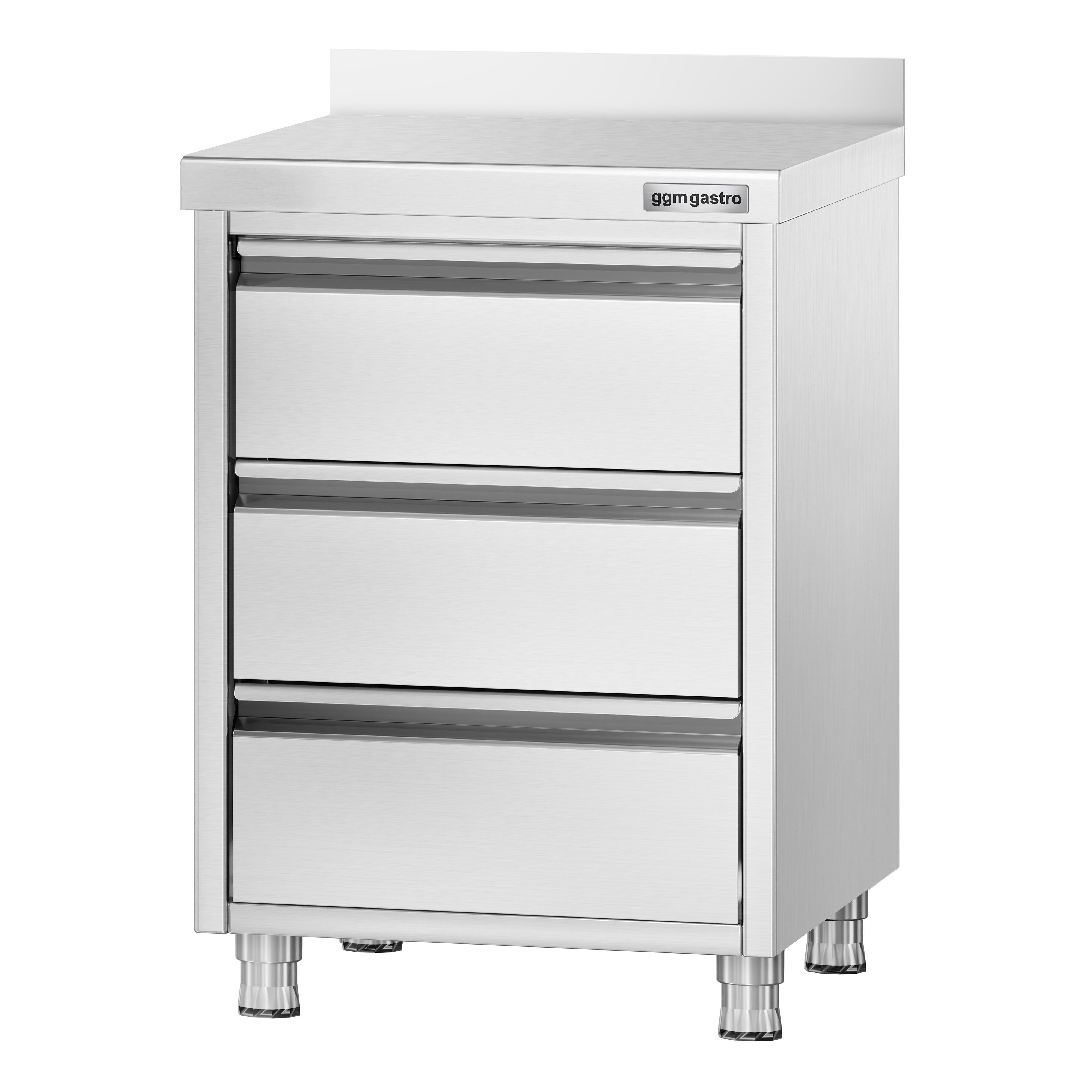 Meuble bas à tiroirs PREMIUM - Acier inoxydable - avec 3 tiroirs & dosseret 100mm - 500x600mm