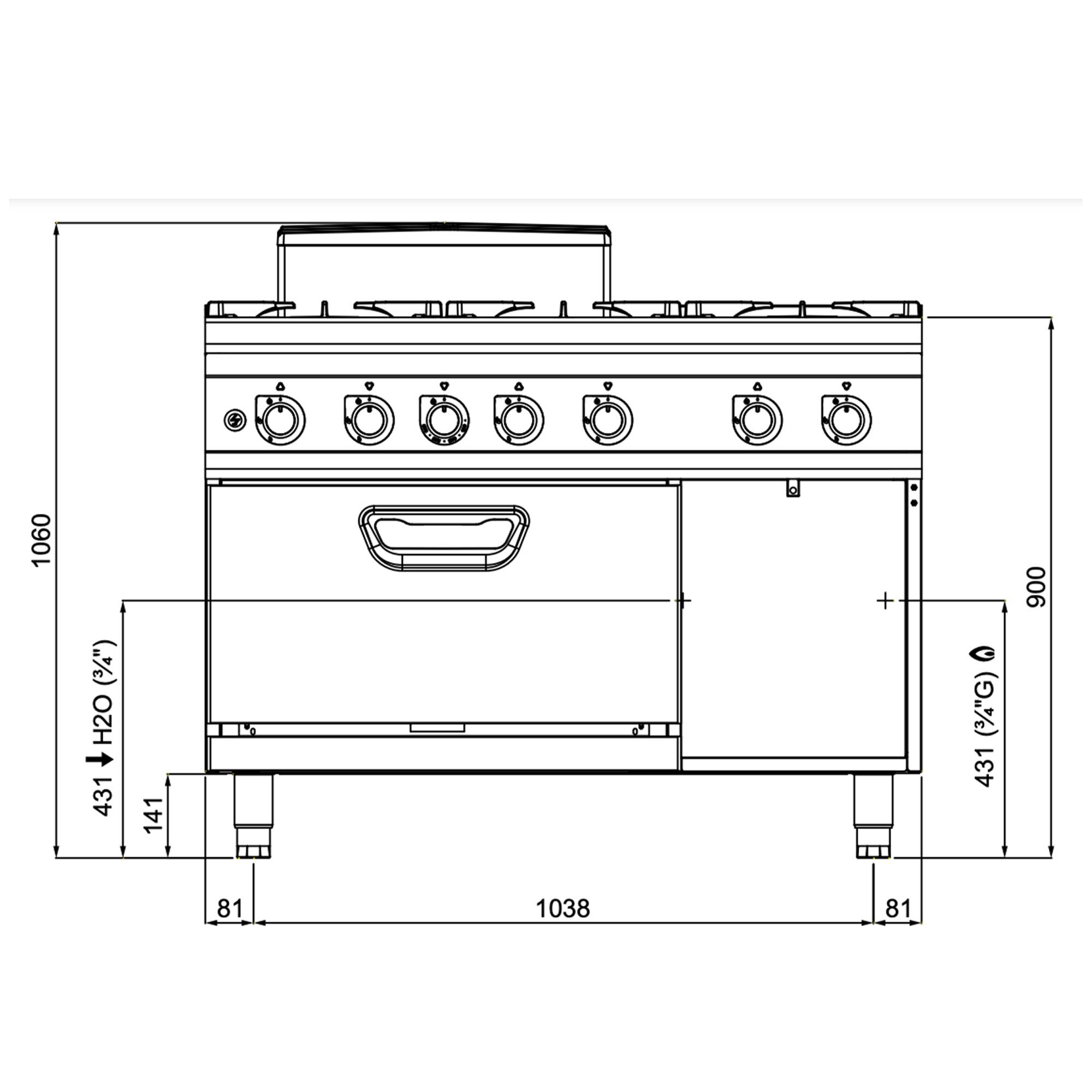 Fourneau à gaz – 60 kW – 6 brûleurs – avec four à gaz statique – 7,8 kW – modèle haute performance