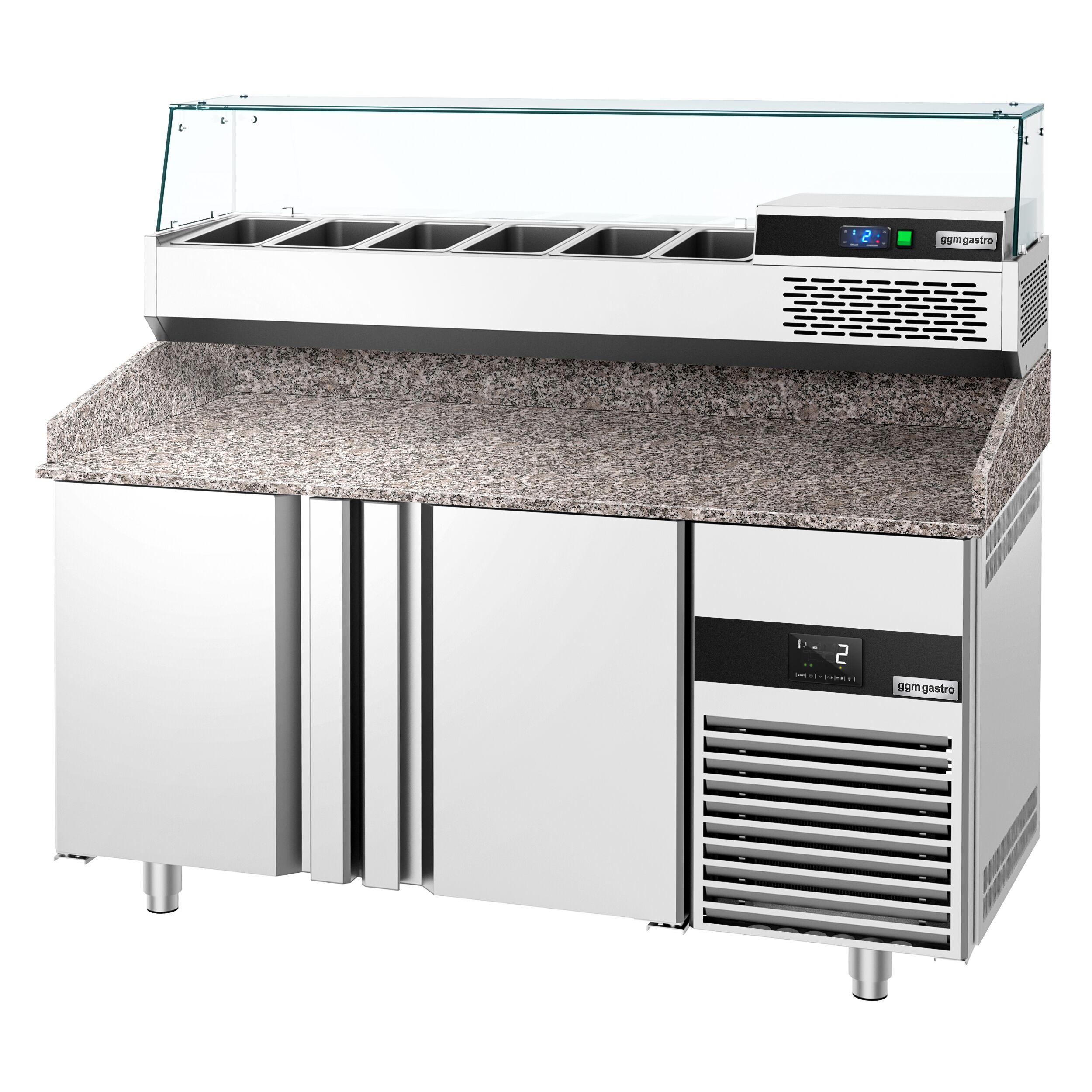 Table réfrigérée à pizza PREMIUM - 1550x800 mm - avec 2 portes - incl. vitrine réfrigérée - 6x GN 1/3