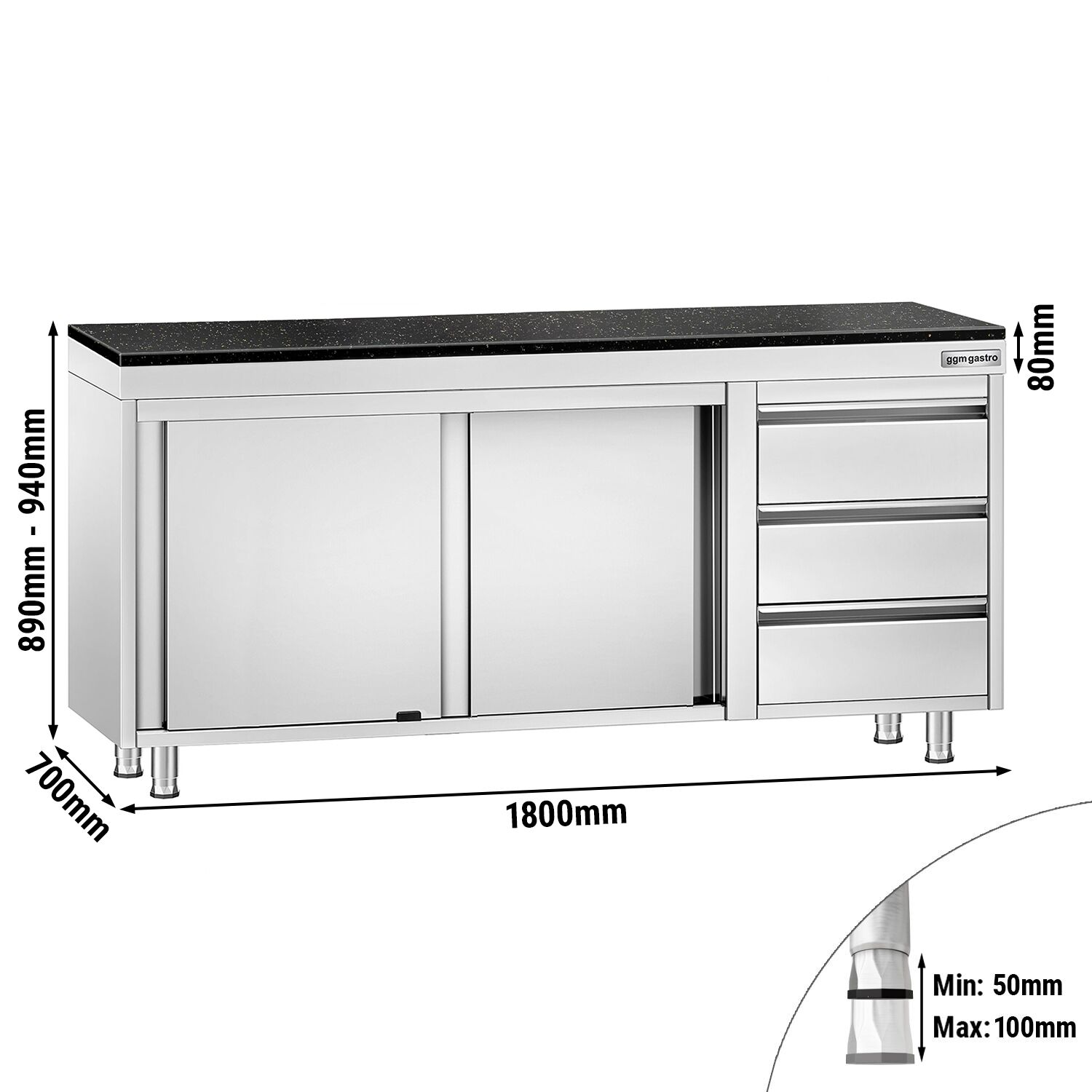 Roestvrijstalen werkkast PREMIUM - 1800 x 700 mm - met 3 lades rechts - incl. granieten werkblad