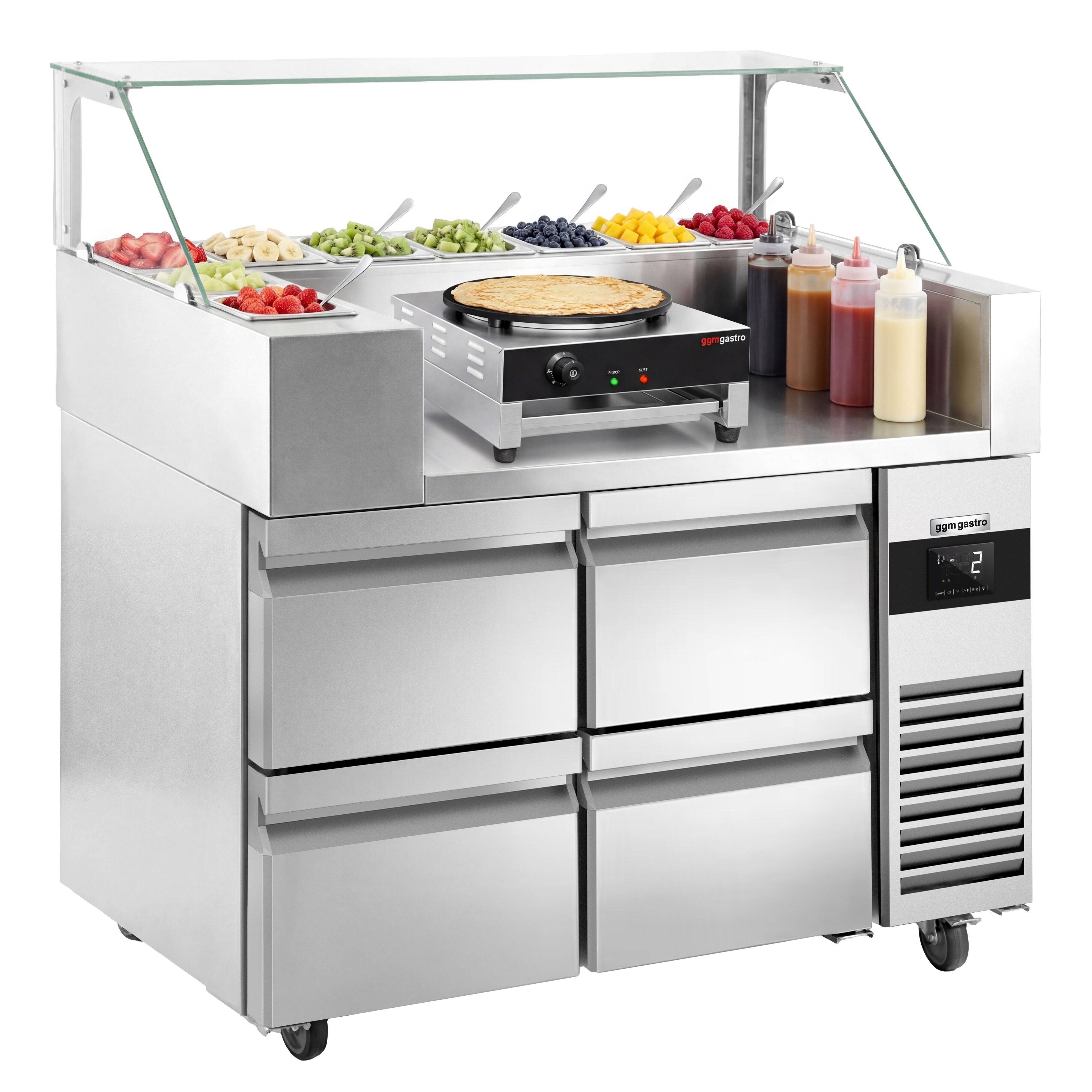 Table de préparation – 1210 mm – 4 tiroirs – pour 9 bacs GN 1/6 – incl. appareil à crêpes