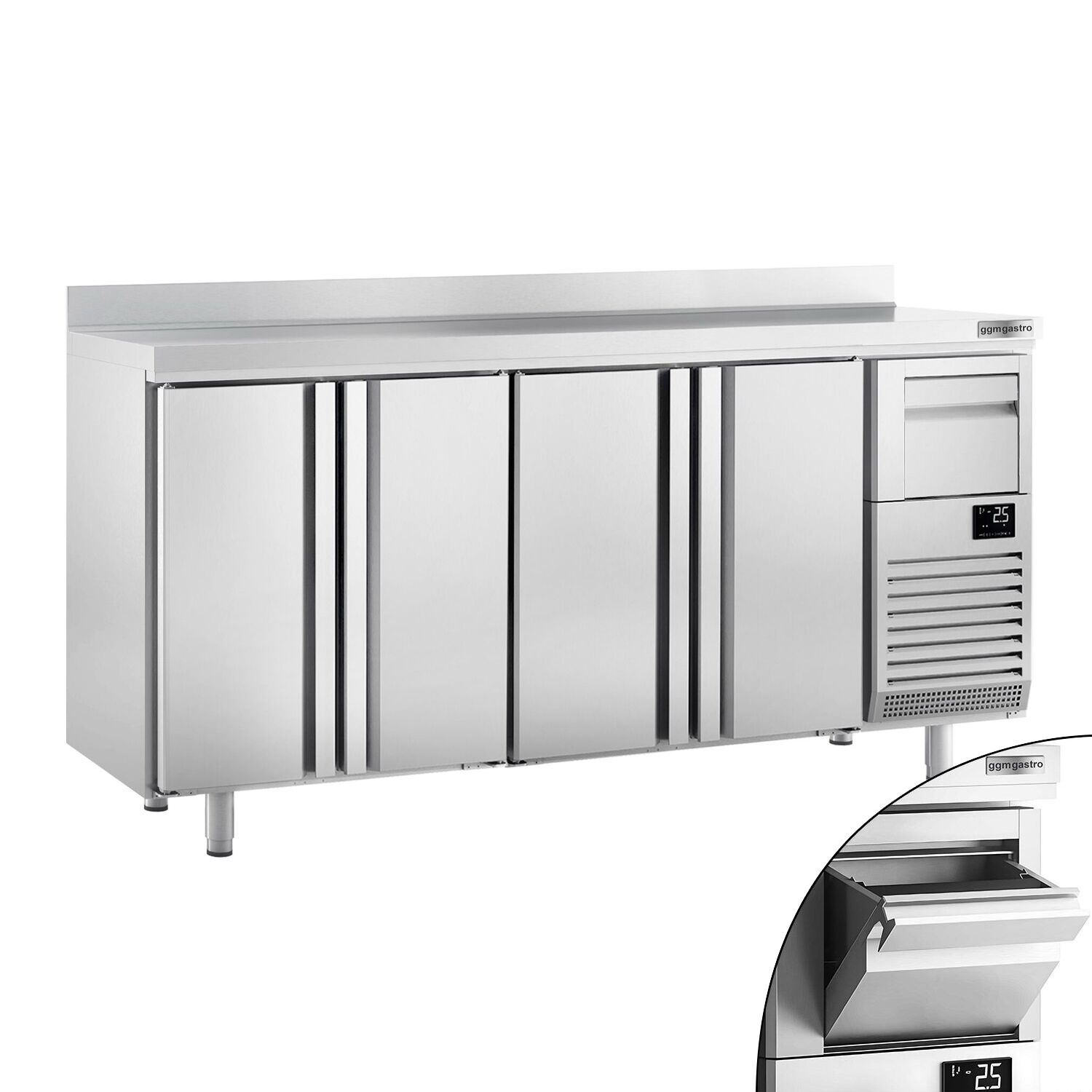Arrière-bar réfrigéré professionnel  Premium PLUS - 2450 x 600 mm - avec 4 portes, dosseret et tiroir à marc de café