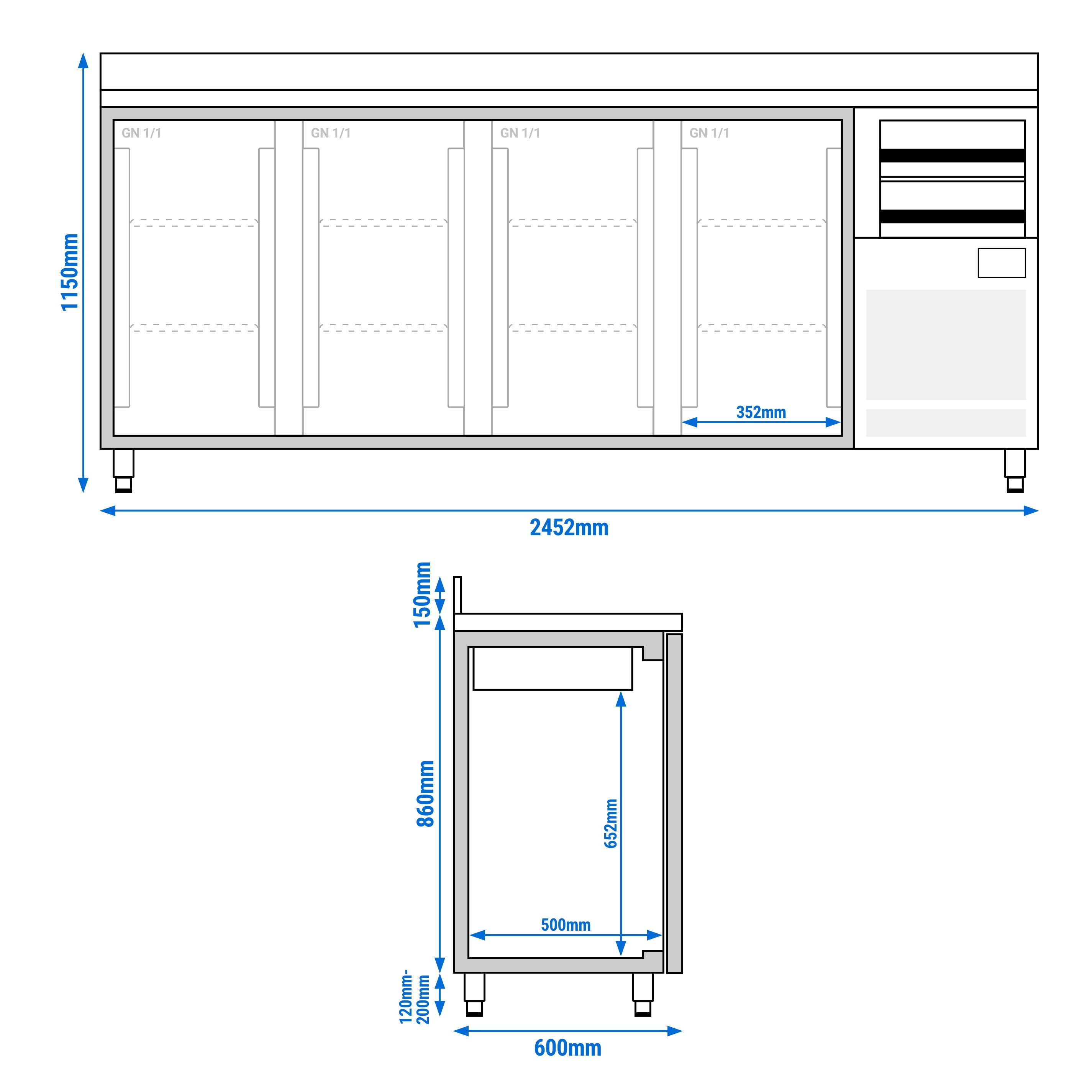 Arrière-bar réfrigéré professionnel Premium PLUS - 2450 x 600 mm - avec 4 portes en verre, 2 tiroirs et dosseret