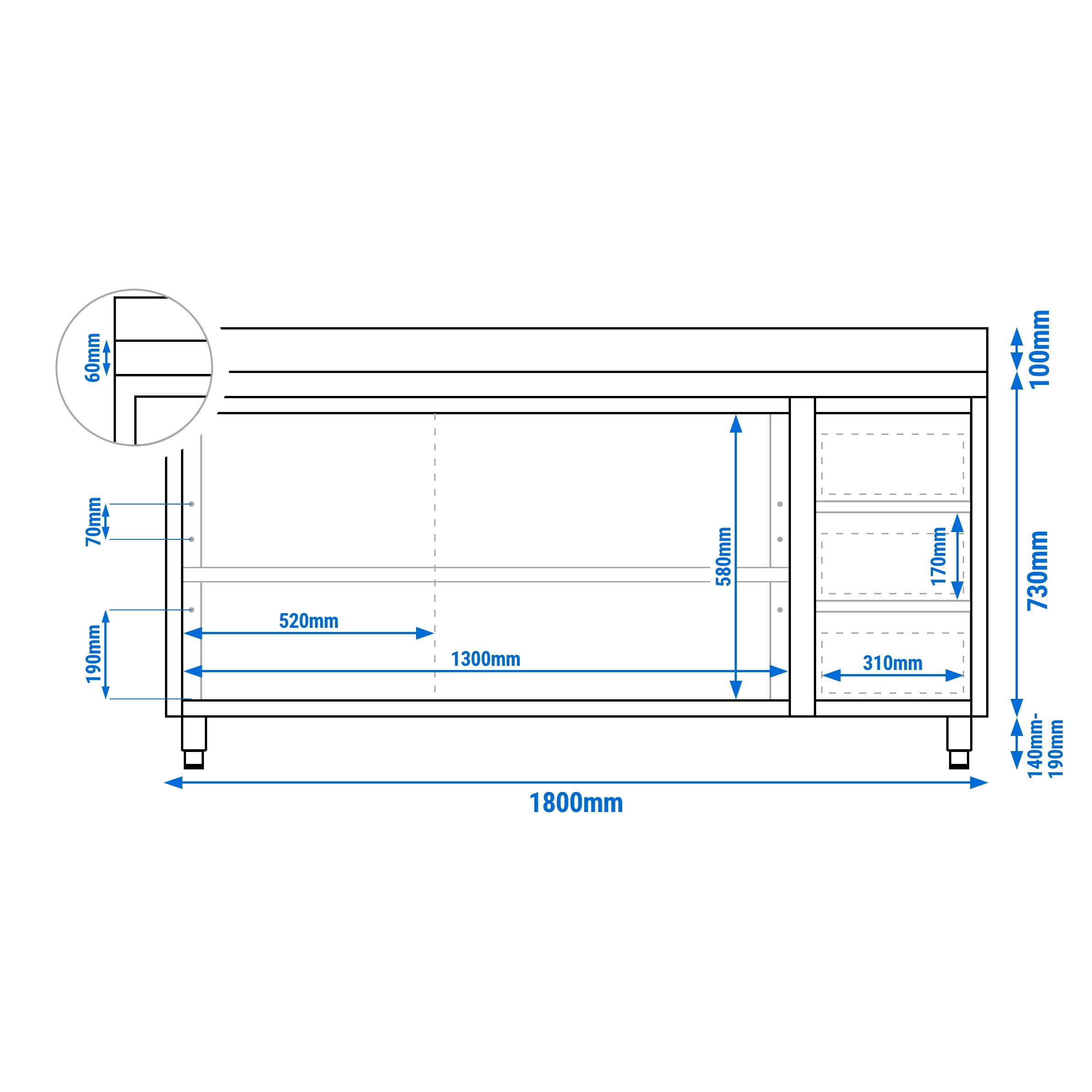Table armoire en acier inoxydable PREMIUM - 1800x700mm - avec portes coulissantes et 3 tiroirs à droite - avec dosseret