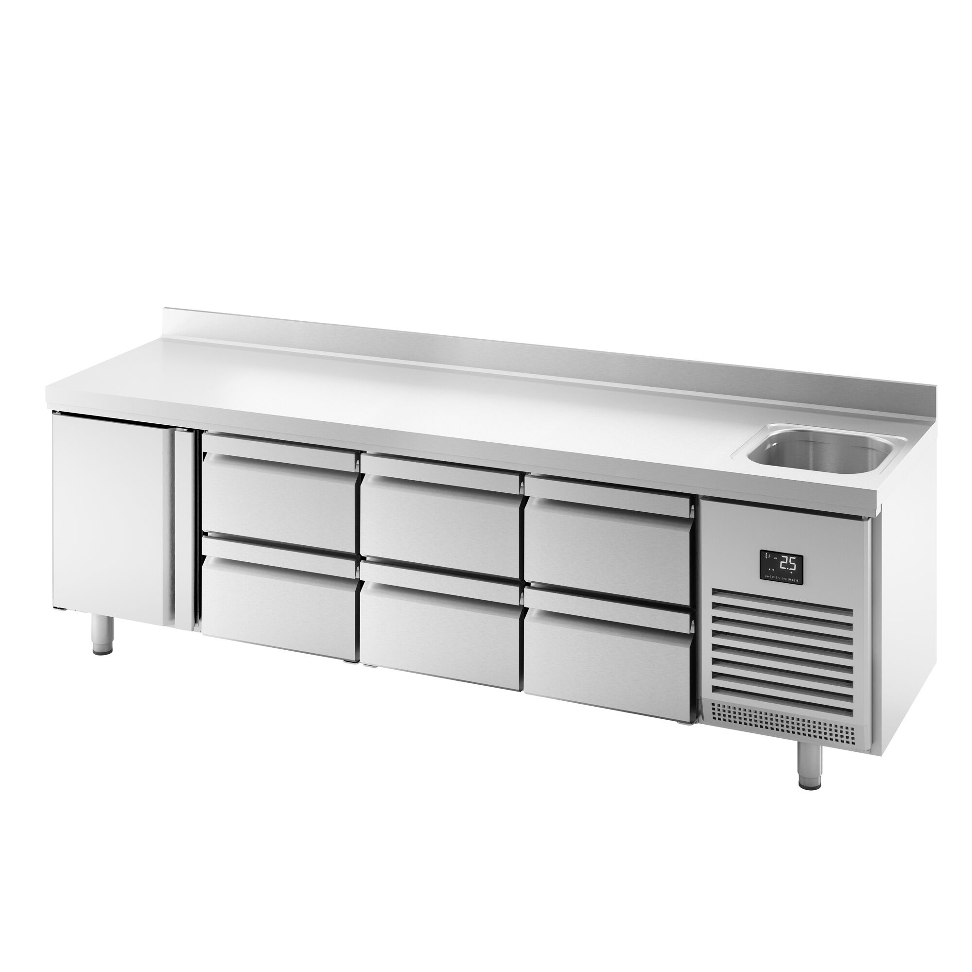 Balcão refrigerado PREMIUM PLUS - 2452x700mm - 630L - 2 portas; 4 gavetas - -2 a +8°C - com ressalto traseiro - com bica