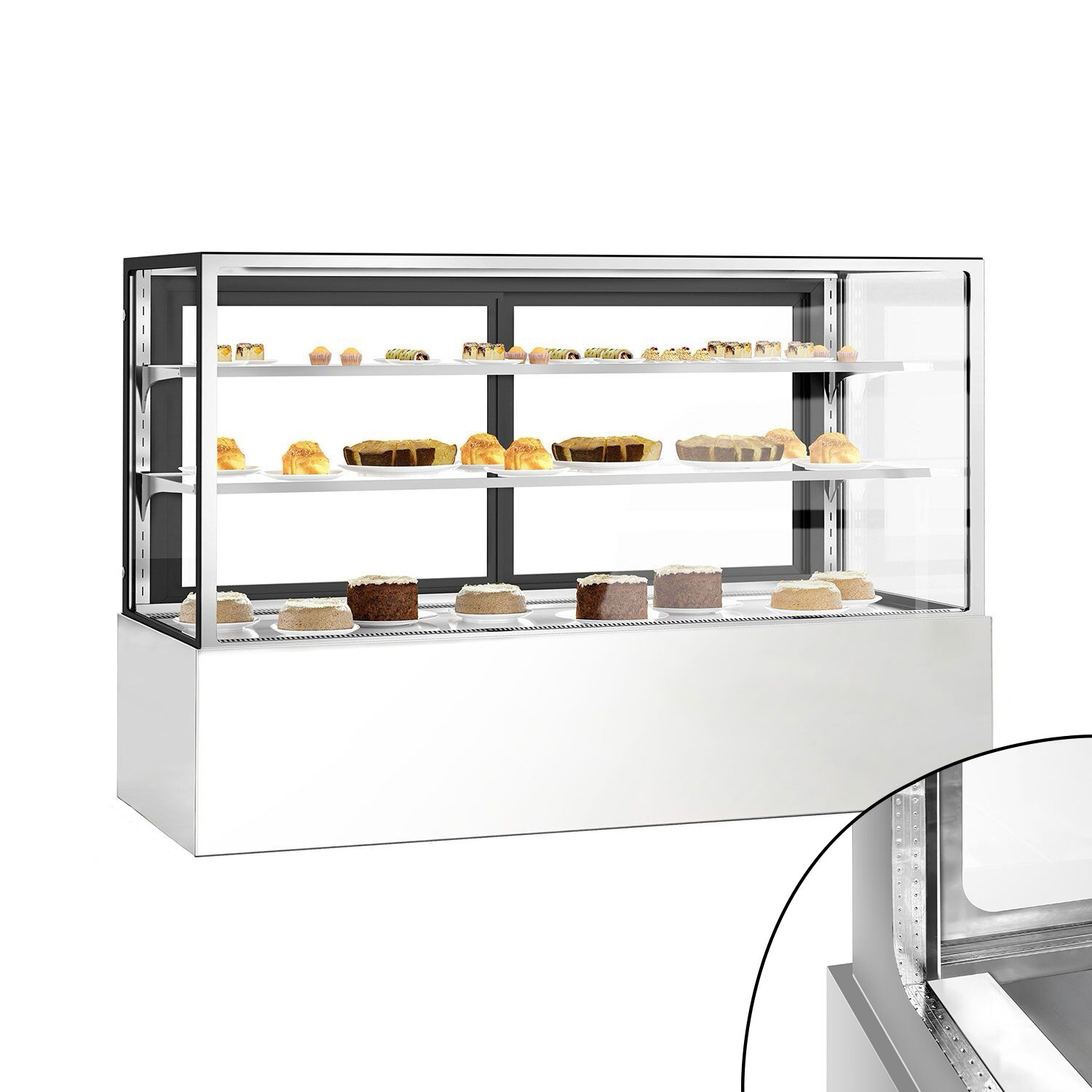 Vitrine à pâtisserie réfrigérée - 725L - 1800mm - Double vitrage - avec 3 étagères en verre - portes coulissantes vitrées arrière
