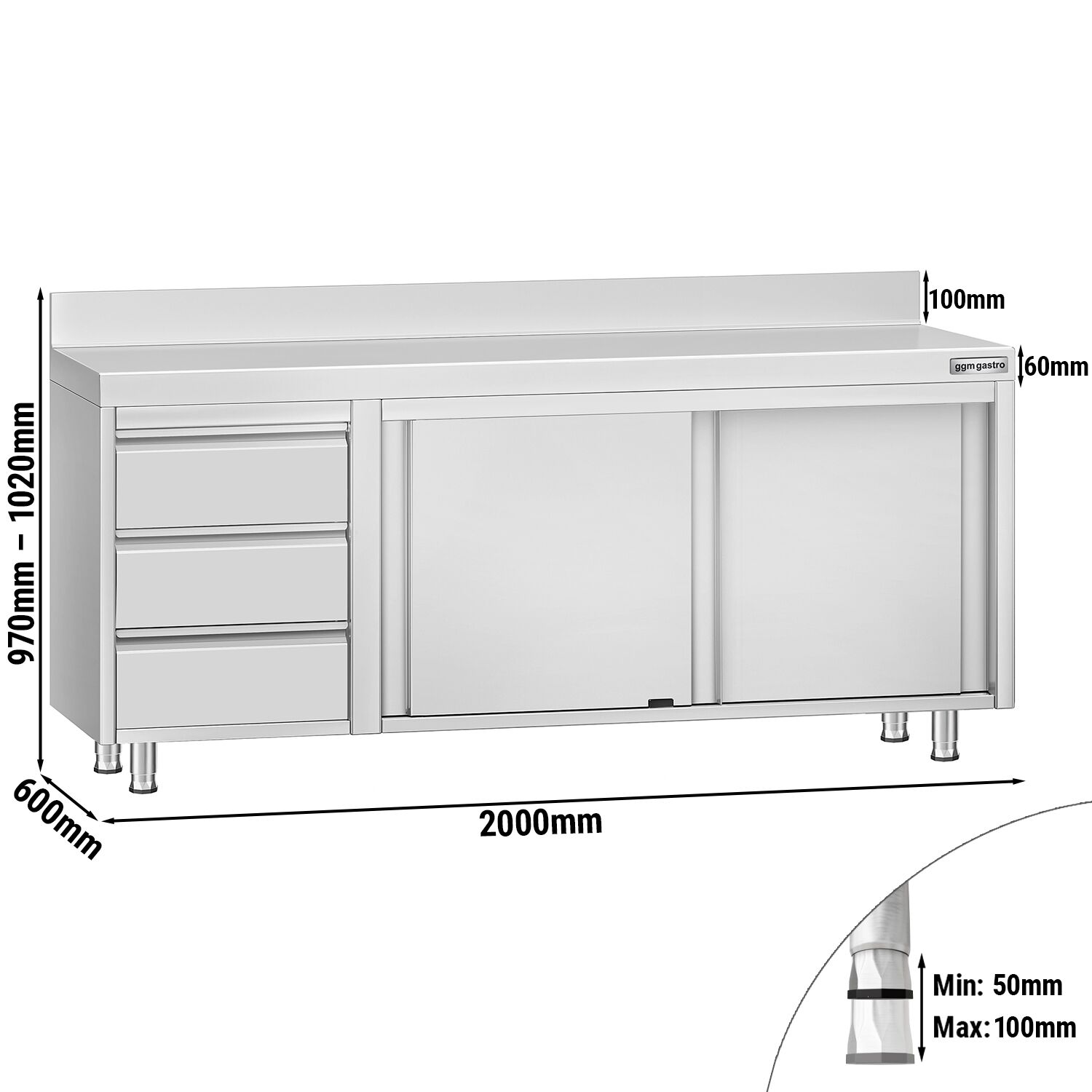 Table armoire en acier inoxydable ECO - 2000x600mm - avec portes coulissantes et 3 tiroirs à gauche et étagère basse - avec dosseret