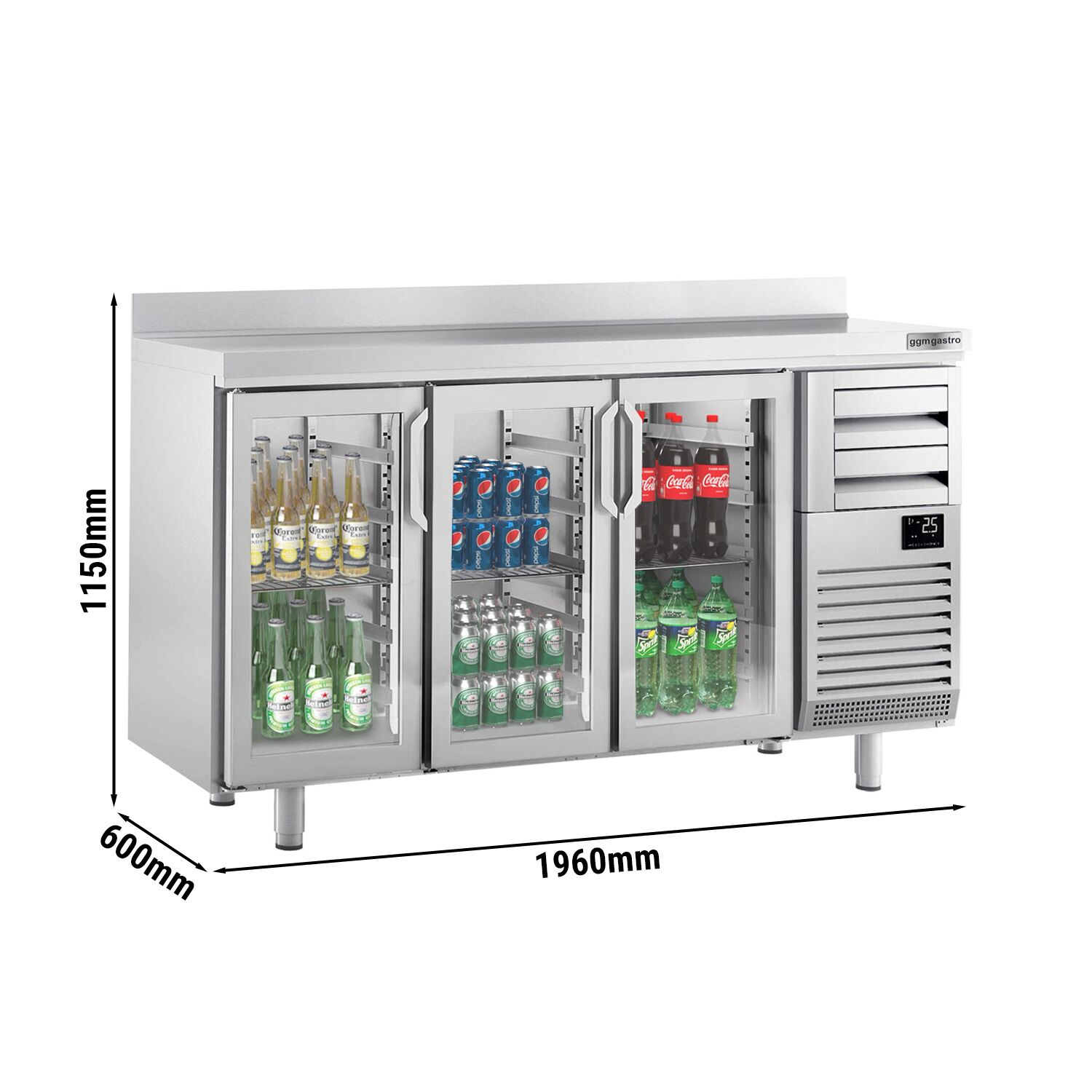 Arrière-bar réfrigéré professionnel Premium PLUS - 1960 x 600 mm - avec 3 portes en verre, 2 tiroirs et dosseret