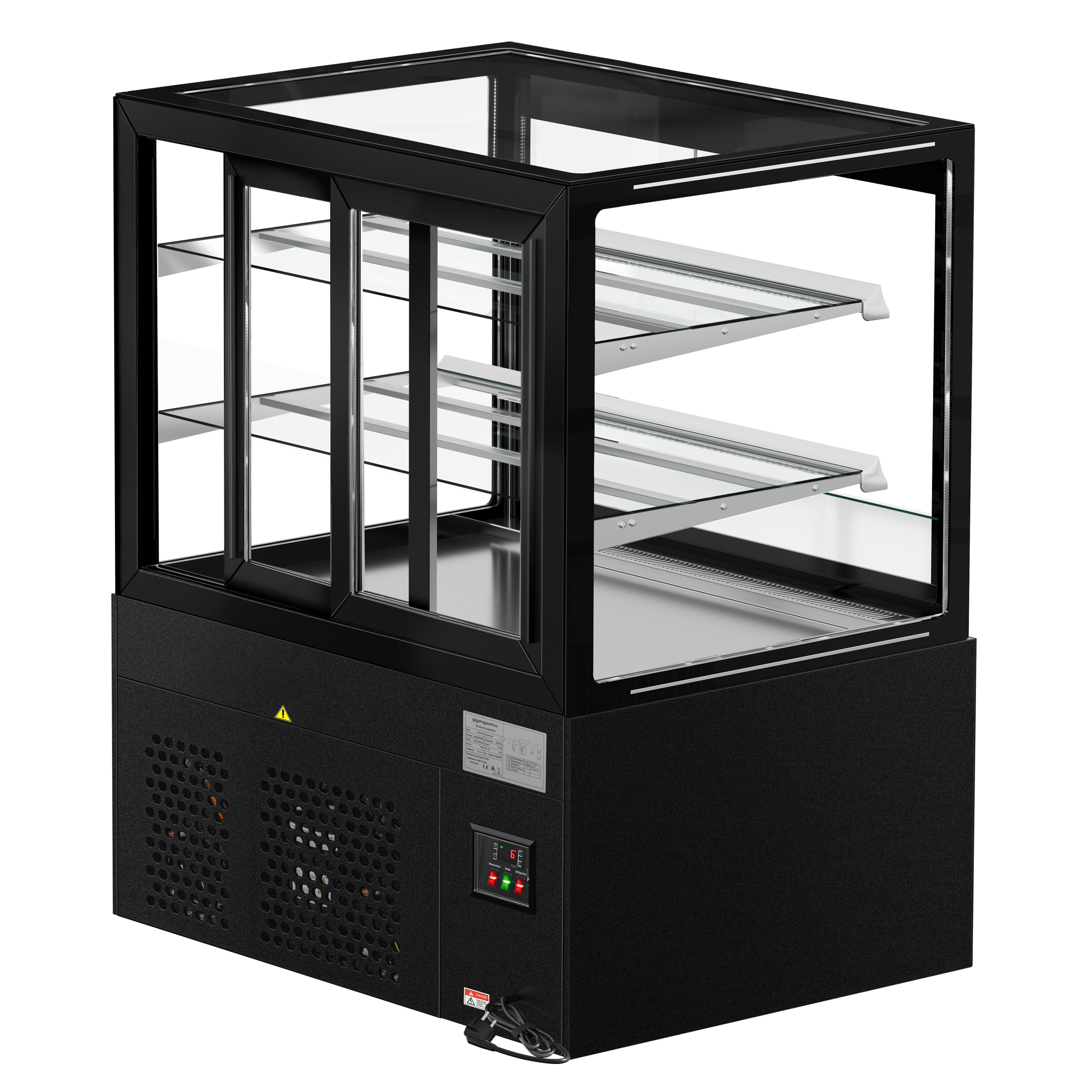 Vitrine à pâtisserie réfrigérée MADRID Self-Service - 435L - 1000mm - Double vitrage - avec 2 étagères en verre - portes coulissantes vitrées arrière - avec rideau de nuit - pour pâtisseries - Pour FR - Noir mat