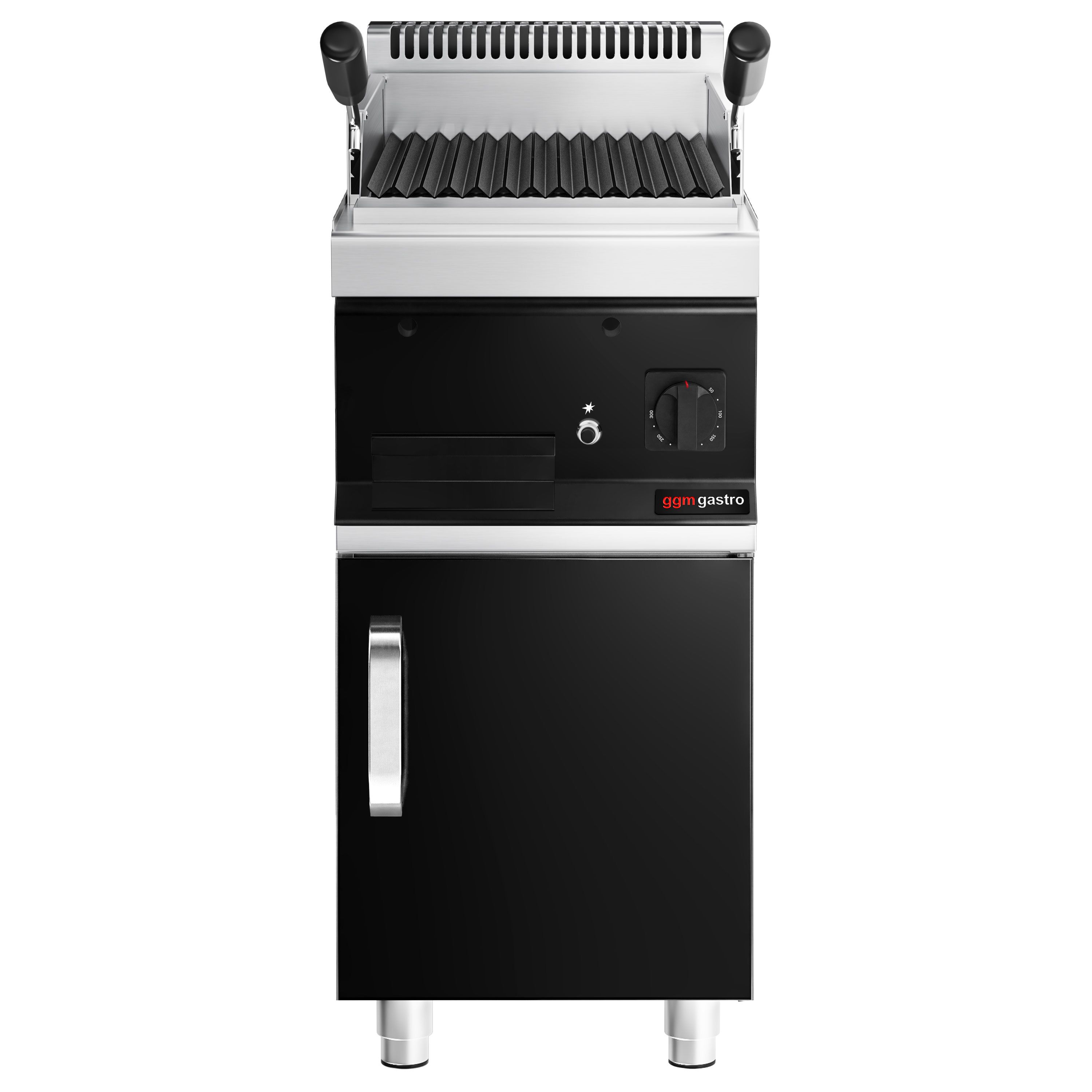 Commercial Gas Lava Rock Chargrill Mario 700 - 400mm - Freestanding - with Cabinet Base - 700mm Deep - Tilting Grill Grid - Black-front Fascia - incl. cabinet base - 1 Door