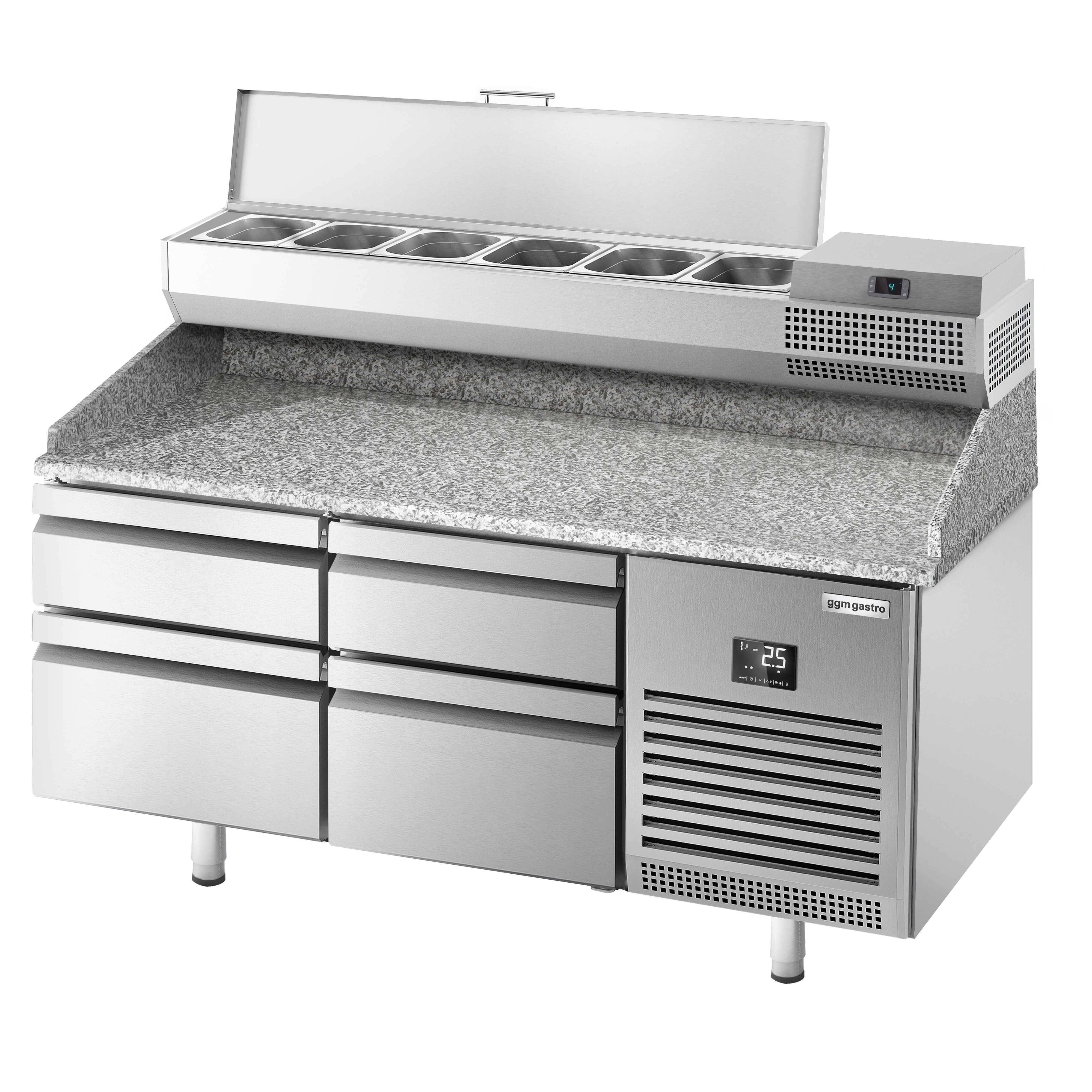 Table réfrigérée à pizza Premium PLUS - 1490x700 mm - avec 4 tiroirs - incl. vitrine réfrigérée - 6x GN 1/4