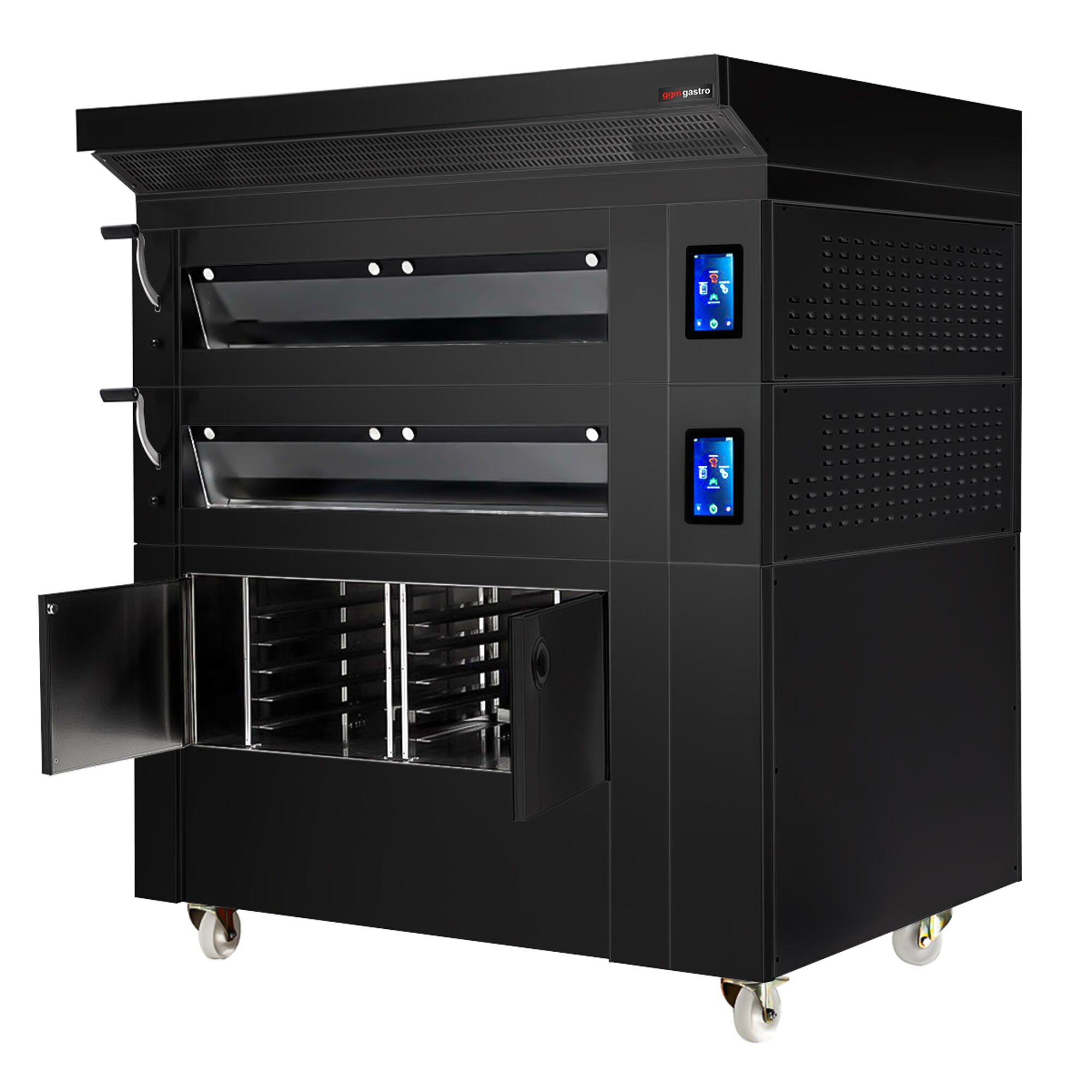 Four à étages de boulangerie avec fonction vapeur - tactile - 2 chambres de cuisson - avec hotte et chambre de fermentation 8 x EN 600 x 400 - Noir