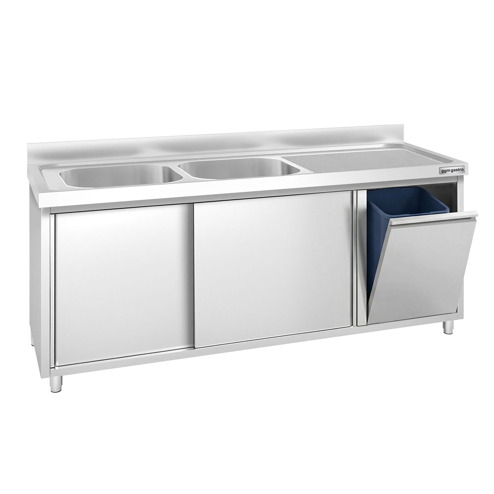 Meuble plonge PREMIUM - 2000x600mm - avec poubelle intégrée et 2 bacs