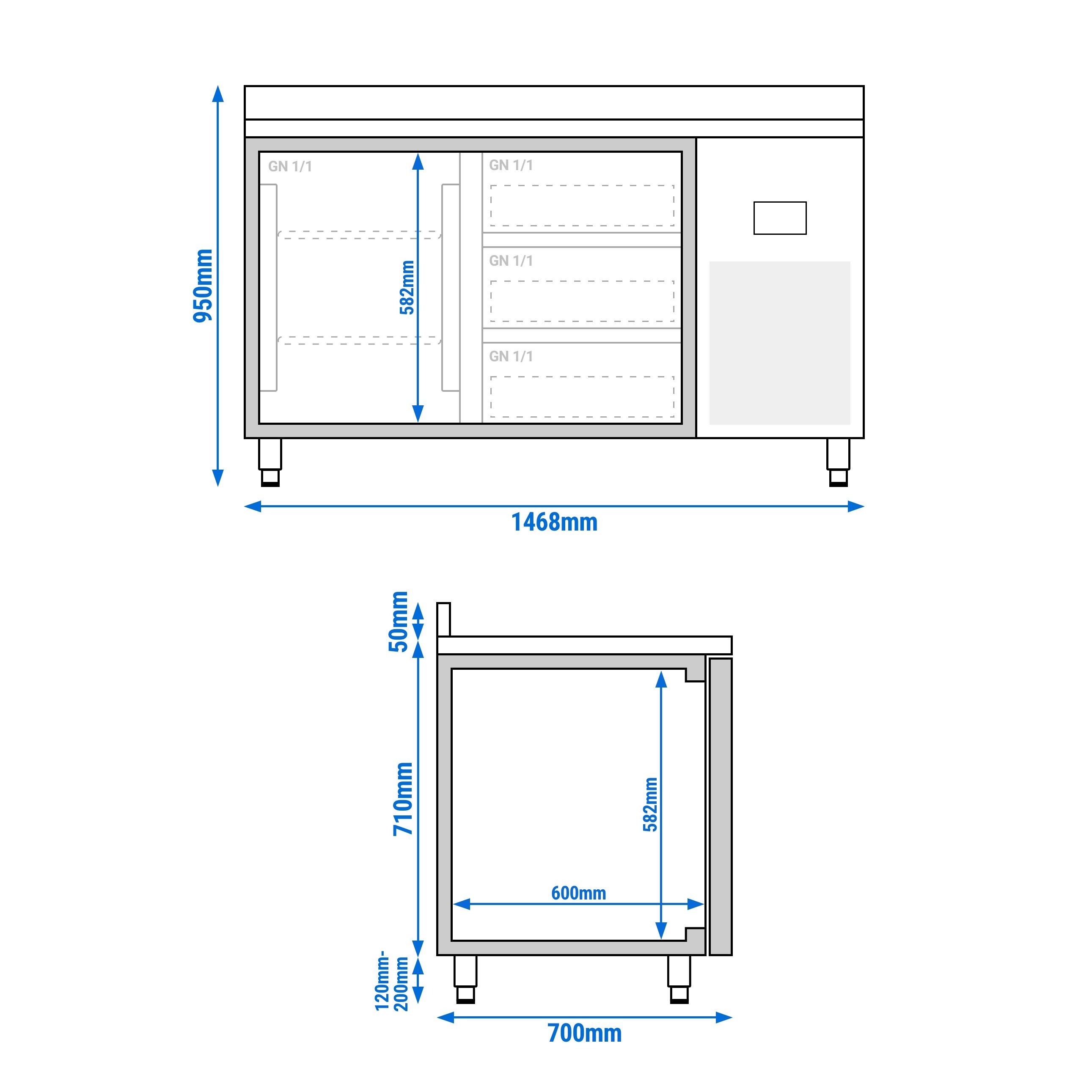 Table réfrigérée Premium PLUS - 1468 x 700 mm - avec 1 porte, 3 tiroirs - dosseret