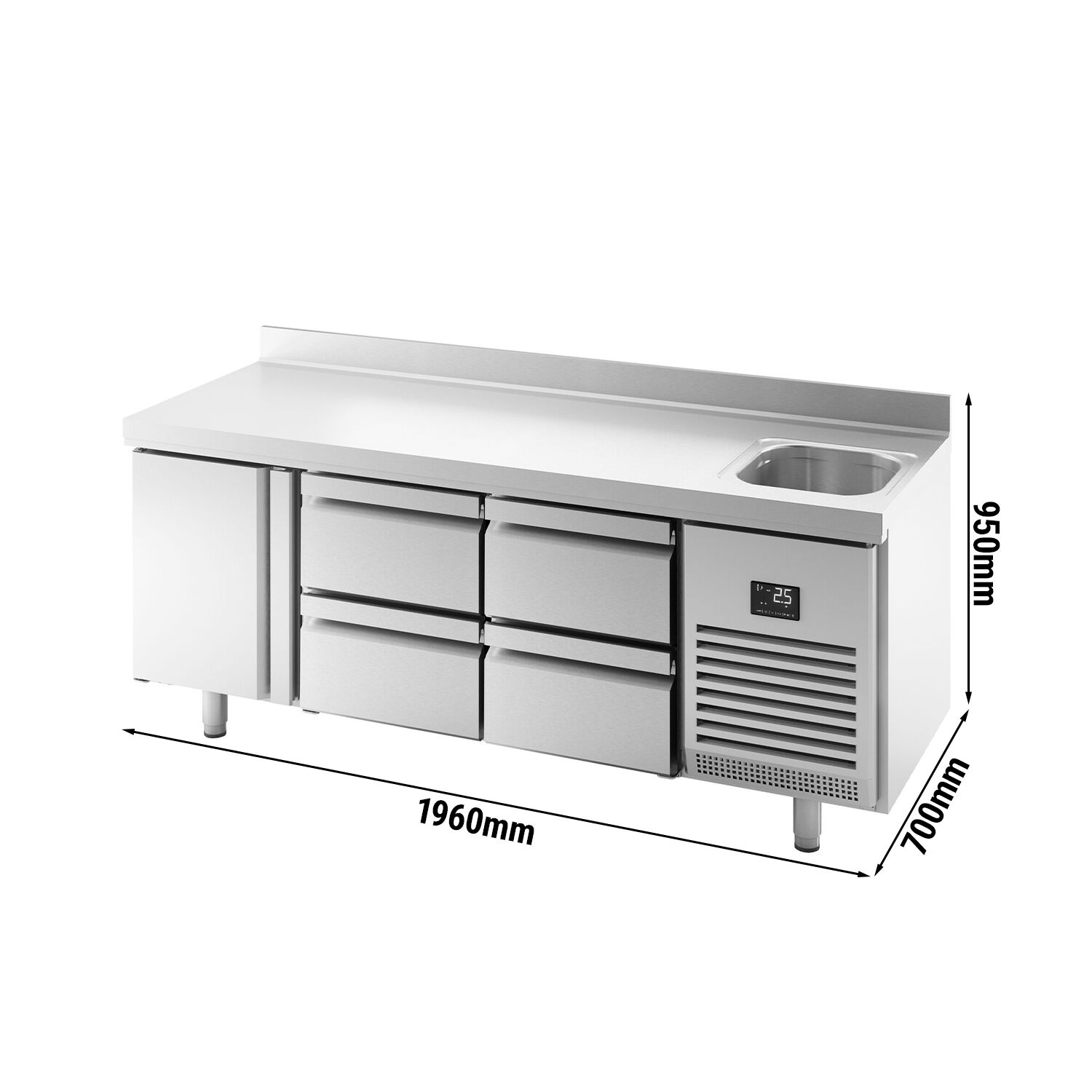 Table réfrigérée Premium PLUS - 1960 x 700 mm - avec 1 bac, 1 porte, 4 tiroirs - dosseret