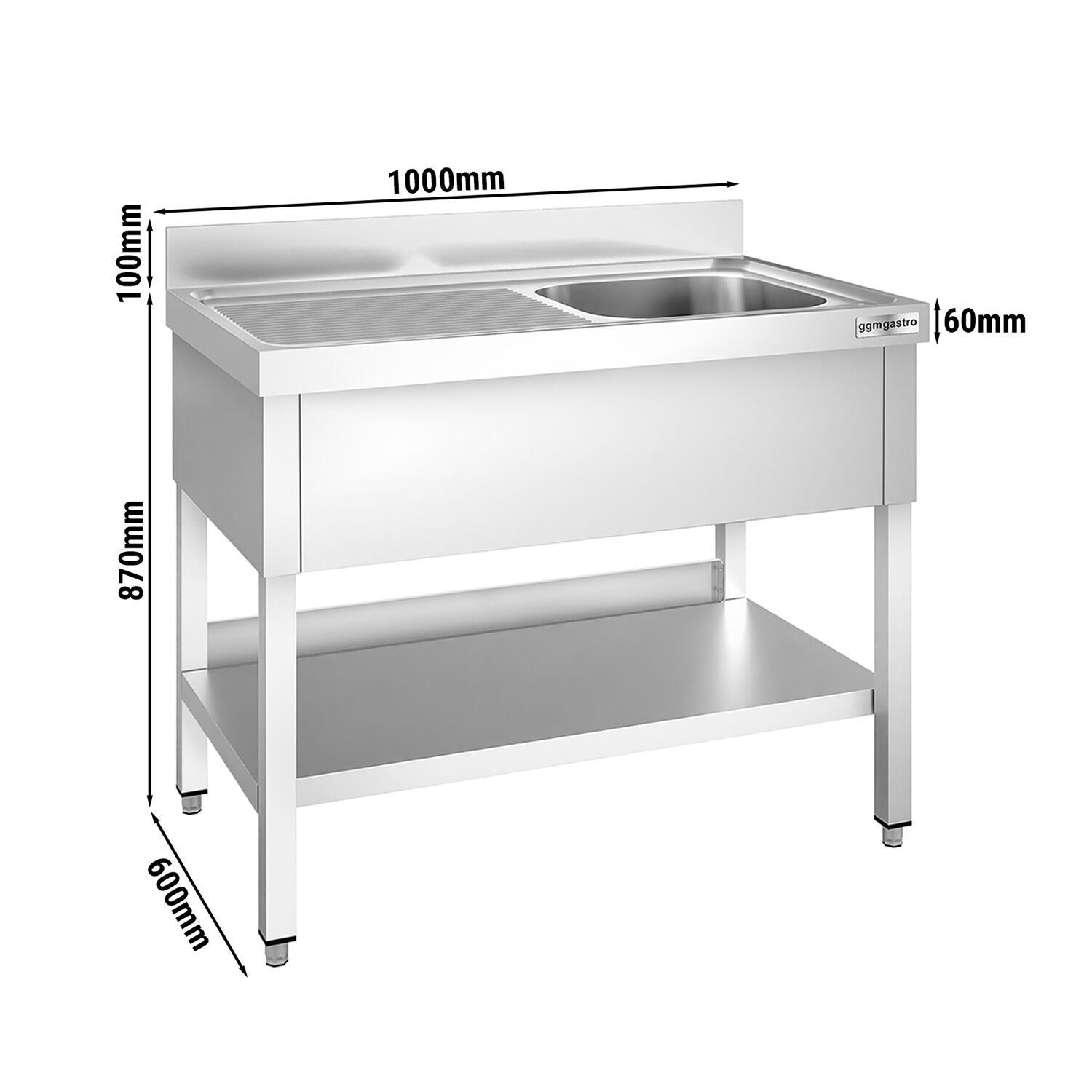 Plonge en inox PREMIUM - 1000x600mm - avec étagère basse - 1 bac à droite