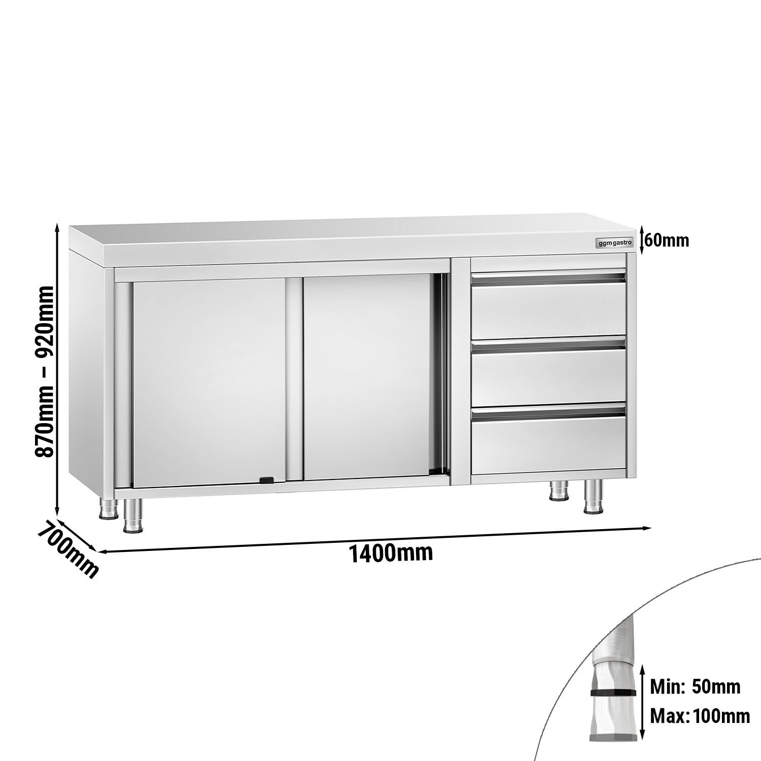 Table armoire en acier inoxydable PREMIUM - 1400x700mm - avec 3 tiroirs à droite et portes coulissantes
