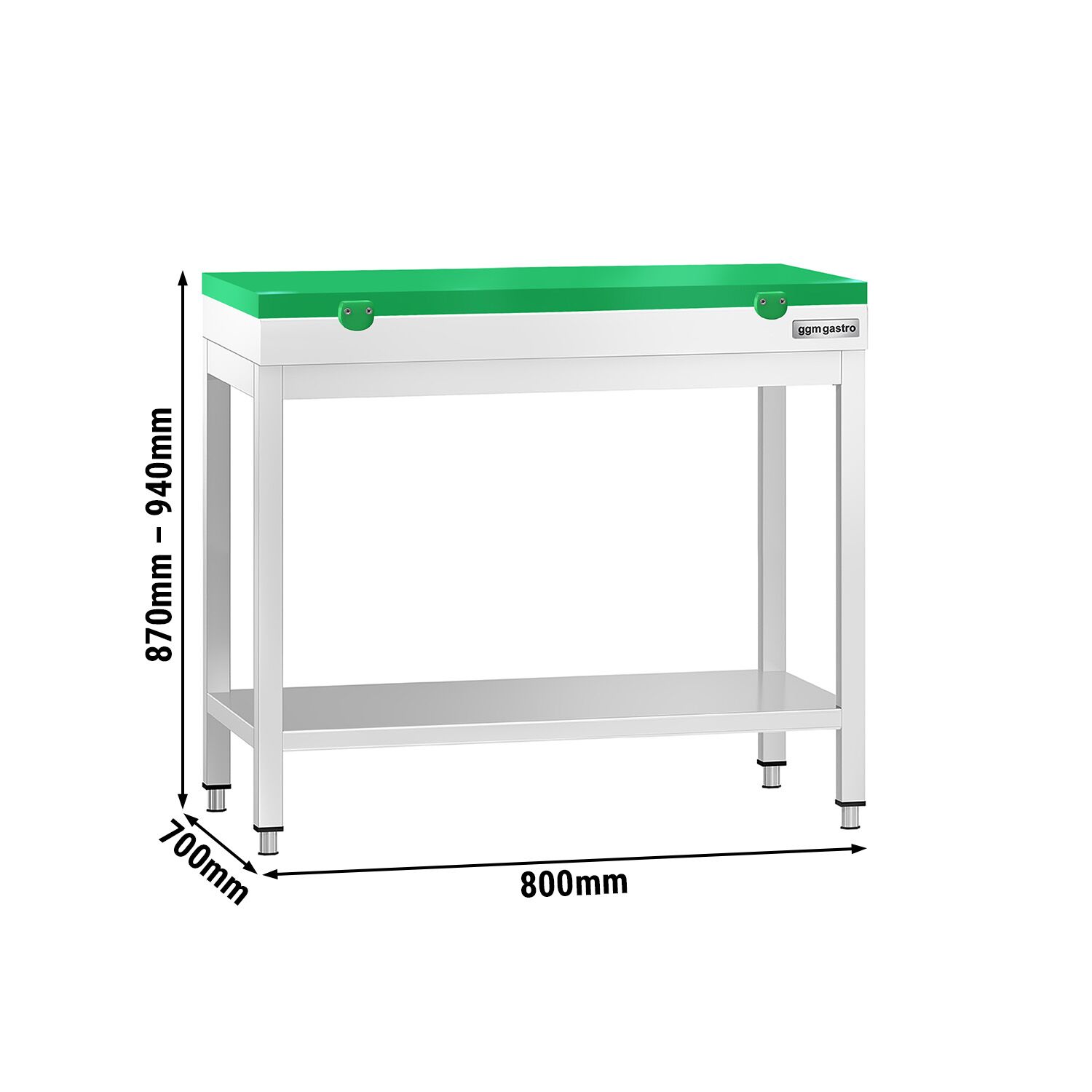 Stół roboczy centralny ze stali nierdzewnej PREMIUM - 800x700mm - z półką - z deską do krojenia Zielony