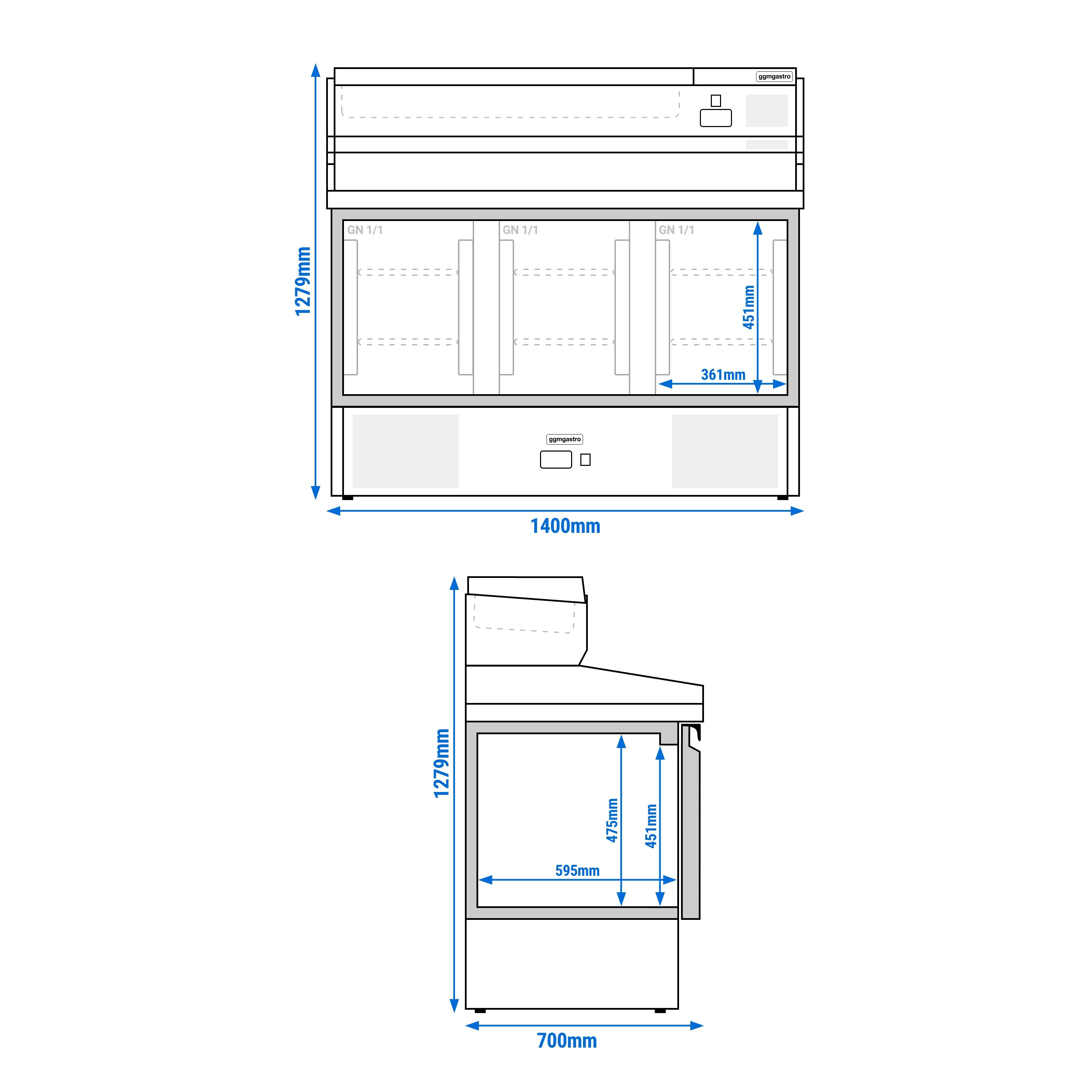 Banco pizza refrigerato PREMIUM - 1400x700mm - con 3 porte - piano in granito - con vetrina ingredienti refrigerata superiore - 6x GN 1/4