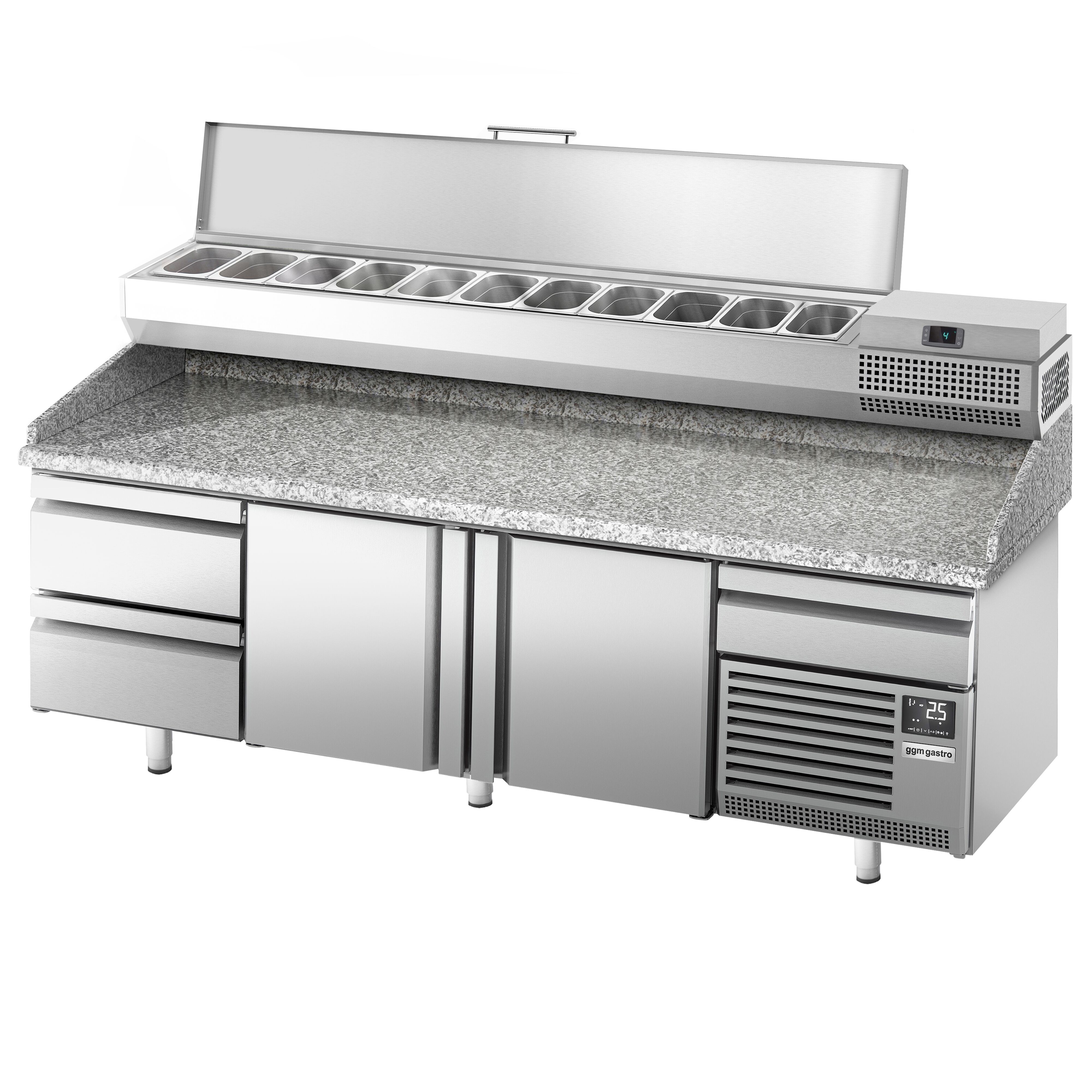 Table réfrigérée à pizza Premium PLUS - 2305x800 mm - avec 2 portes & 3 tiroirs - incl. vitrine réfrigérée pour ingrédients - 11 bacs GN 1/4
