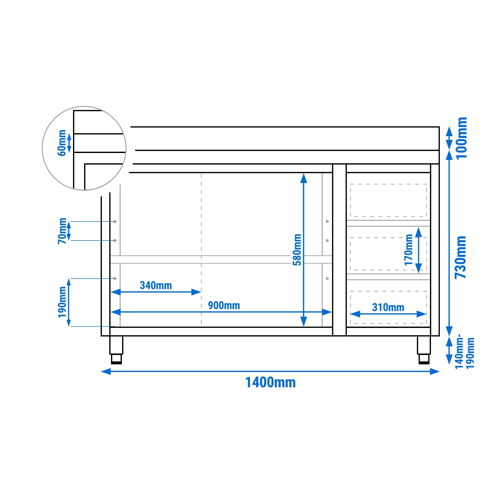 Table armoire en acier inoxydable PREMIUM - 1400x600mm - avec 3 tiroirs à droite et portes coulissantes - avec dosseret