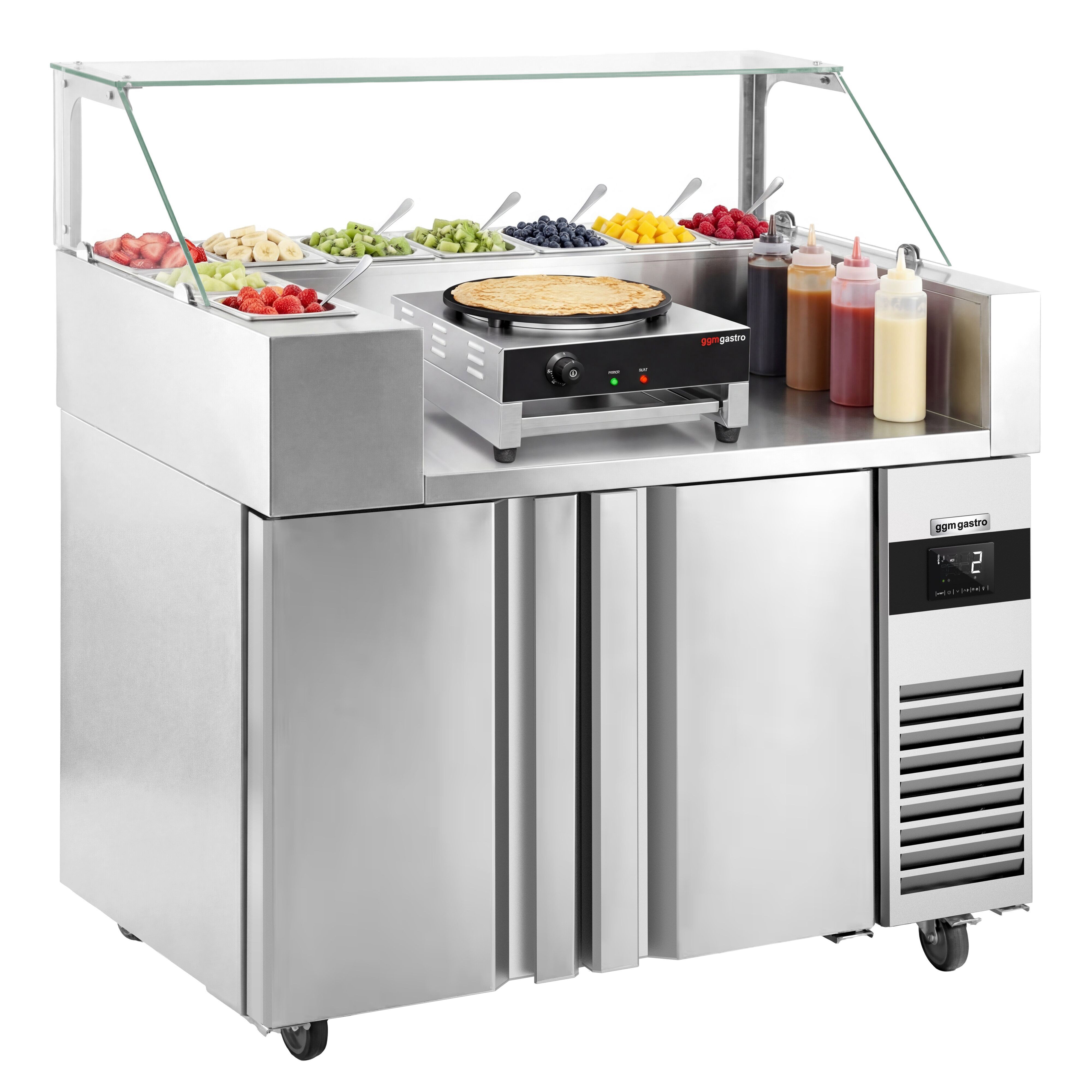 Tillberedningsbord - 1,21 x 0,7 m - med 2 dörrar - inkl. crepes maker med 1 platta