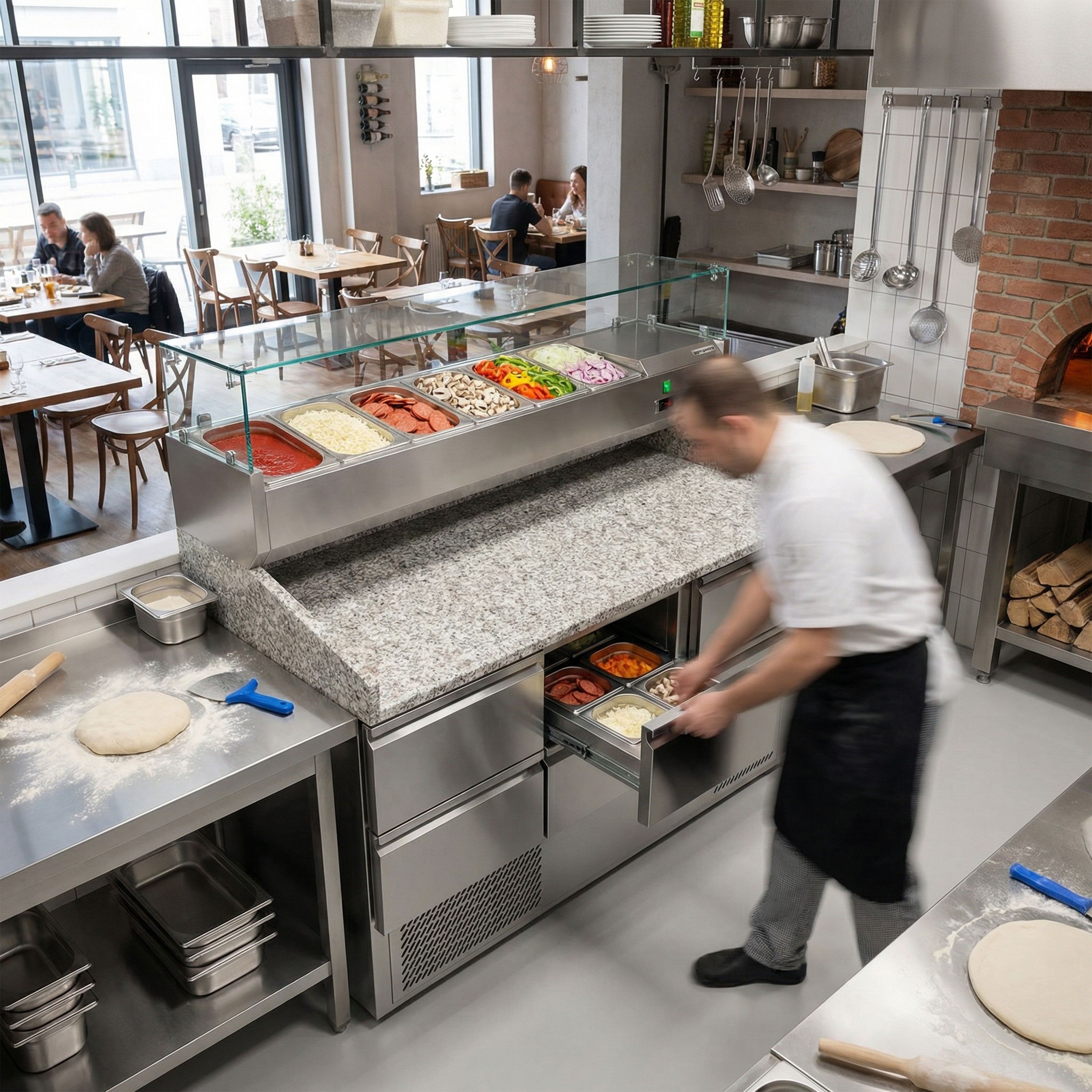 Table réfrigérée à pizza ECO - 1400 x 700 mm - avec 6 tiroirs 1/2 - incl. vitrine réfrigérée 6 x GN 1/4