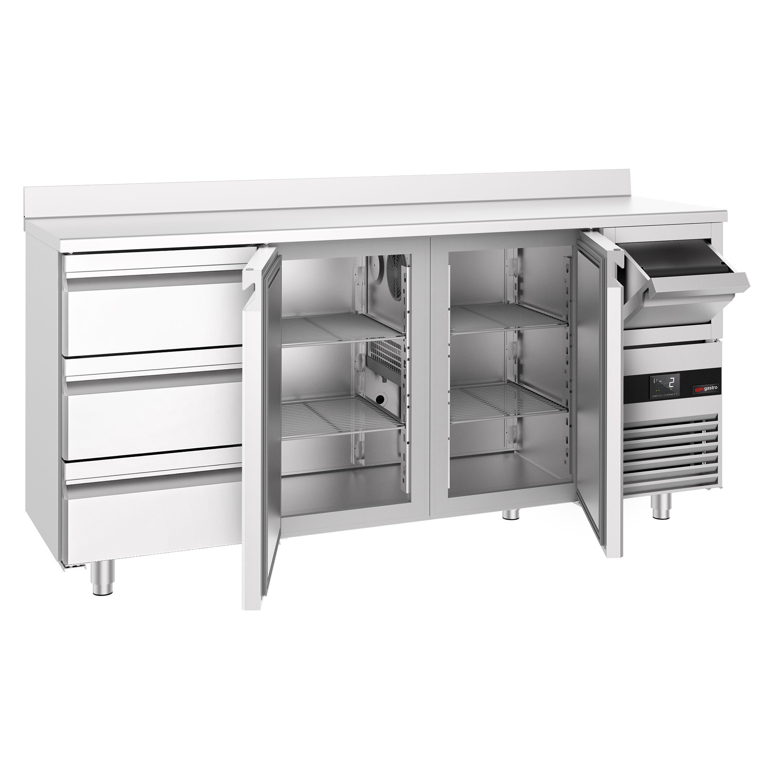 Arrière-bar réfrigéré professionnel PREMIUM - 2130 x 600 mm - avec 2 portes et 3 tiroirs - avec dosseret - avec tiroir à marc de café