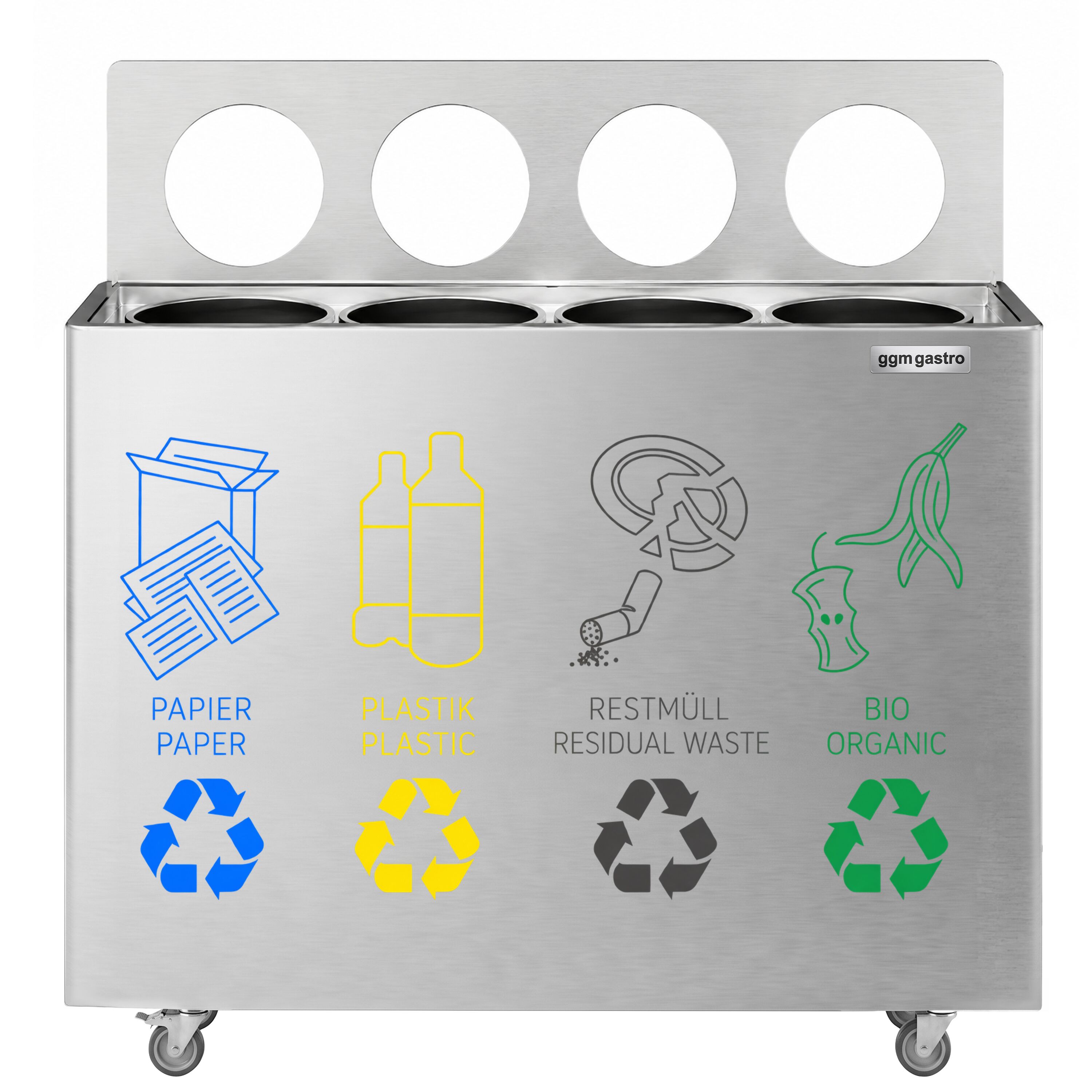 Waste sorting system – 4 bins, 30 litres each – stainless steel – with 4 castors