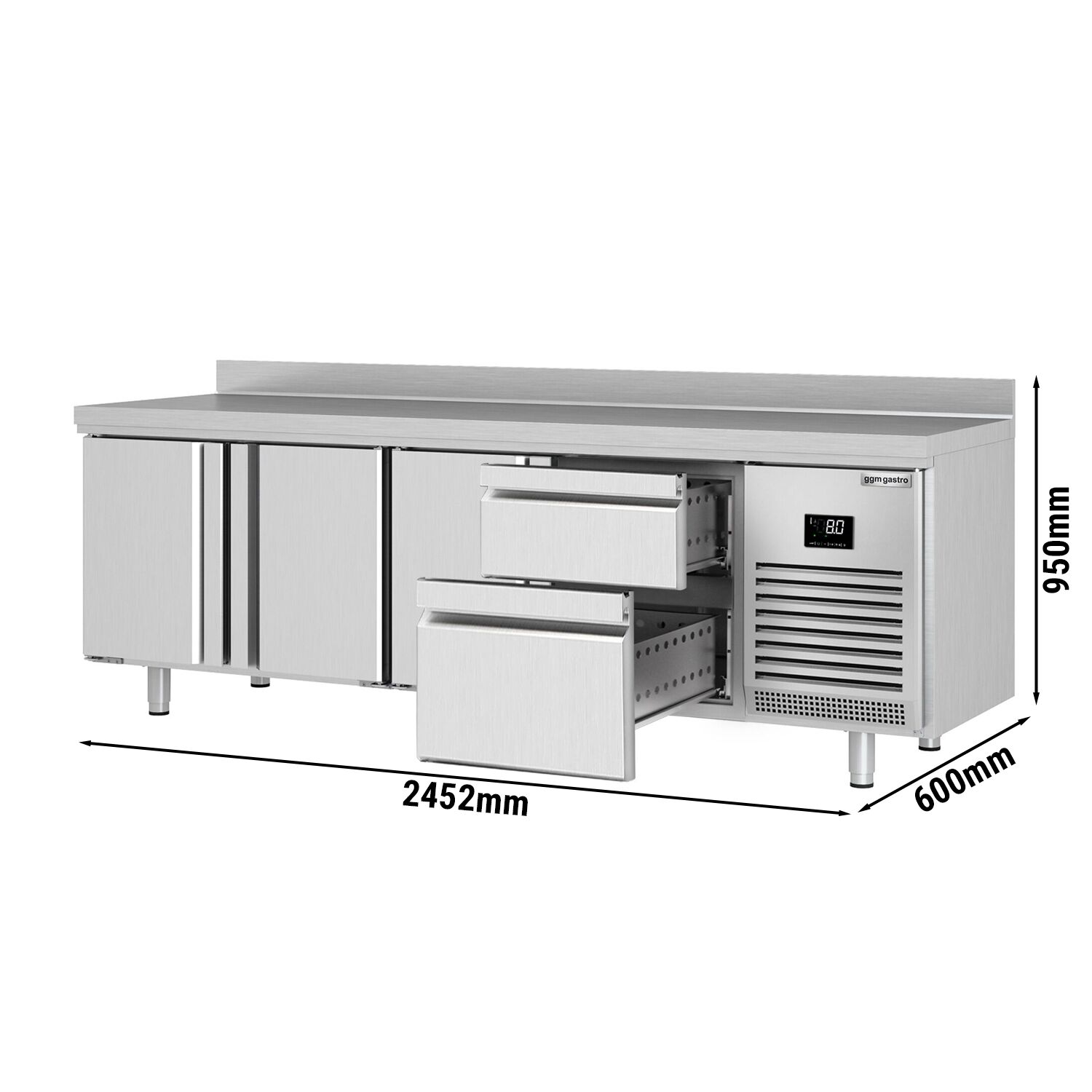 Table réfrigérée Premium PLUS - 2452x600 mm - avec 3 portes - 2 tiroirs - avec dosseret