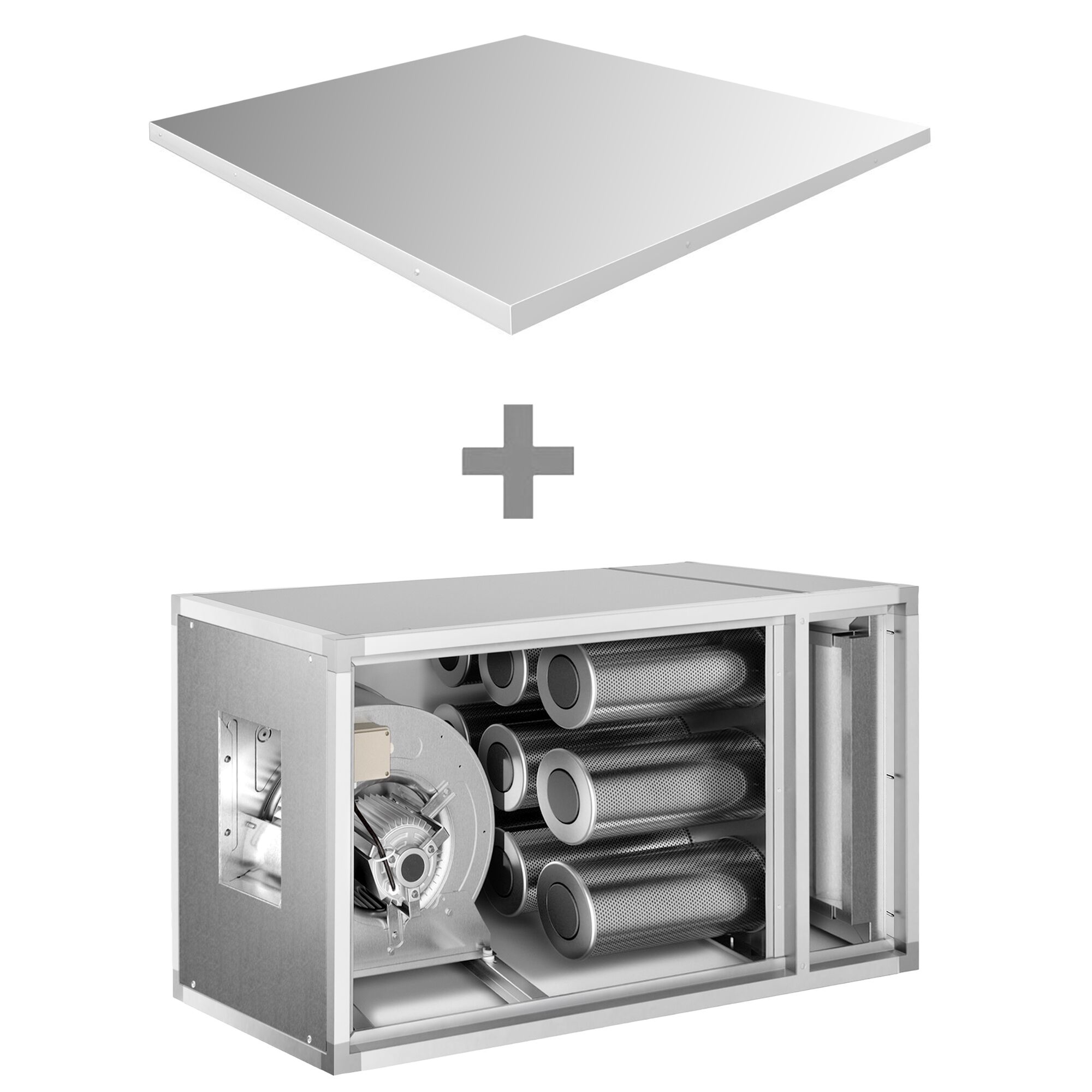 Unité de filtration à charbon actif pour hotte professionnelle avec ventilateur intégré - 2700m³/h - avec préfiltre et filtre à charbon actif - panneau de protection inclus