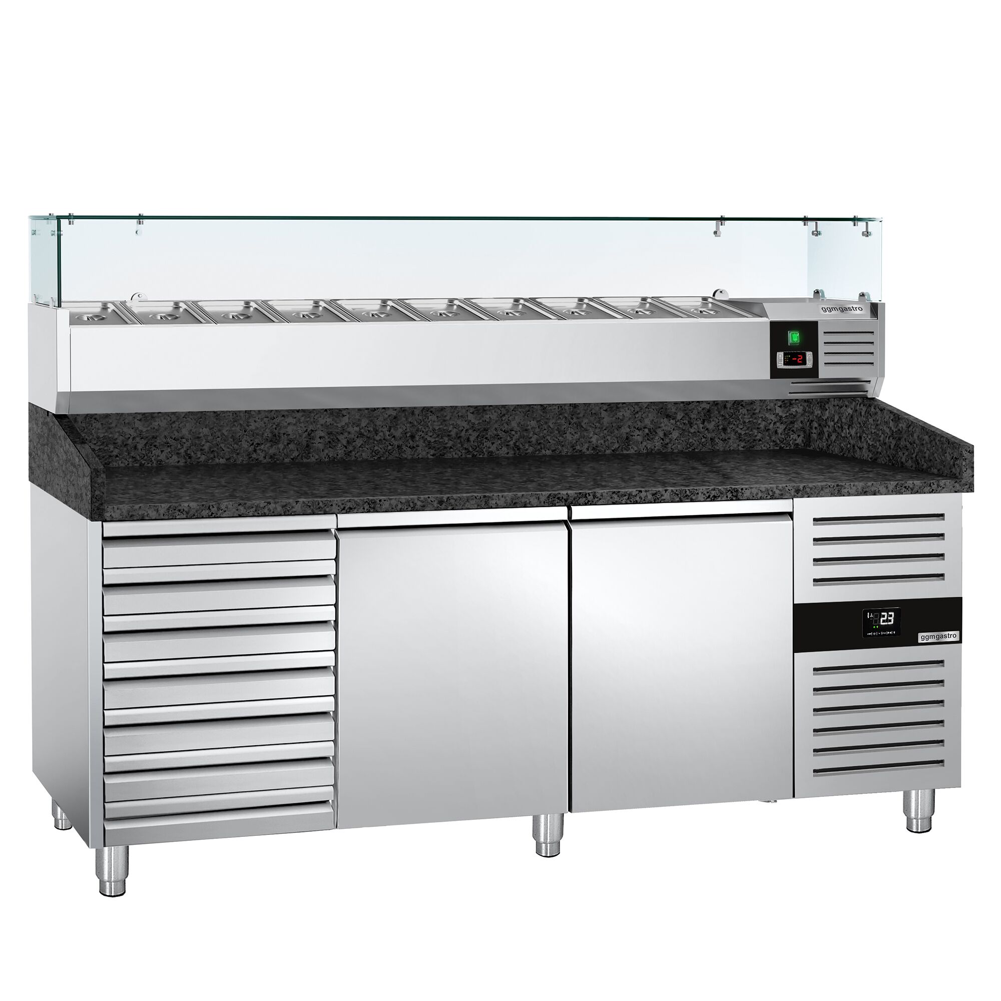 Table réfrigérée à pizza PREMIUM - 2000 x 800 mm - avec 2 portes et 7 tiroirs - incl. vitrine réfrigérée - 10 x GN 1/4