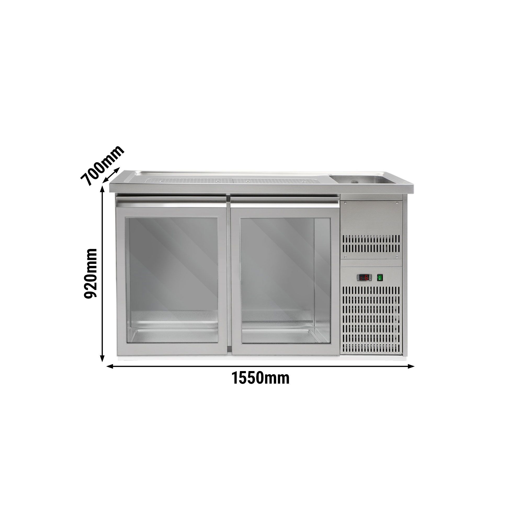 Comptoir de bar réfrigéré Premium PLUS – 1550 × 700 mm – 2 portes vitrées
